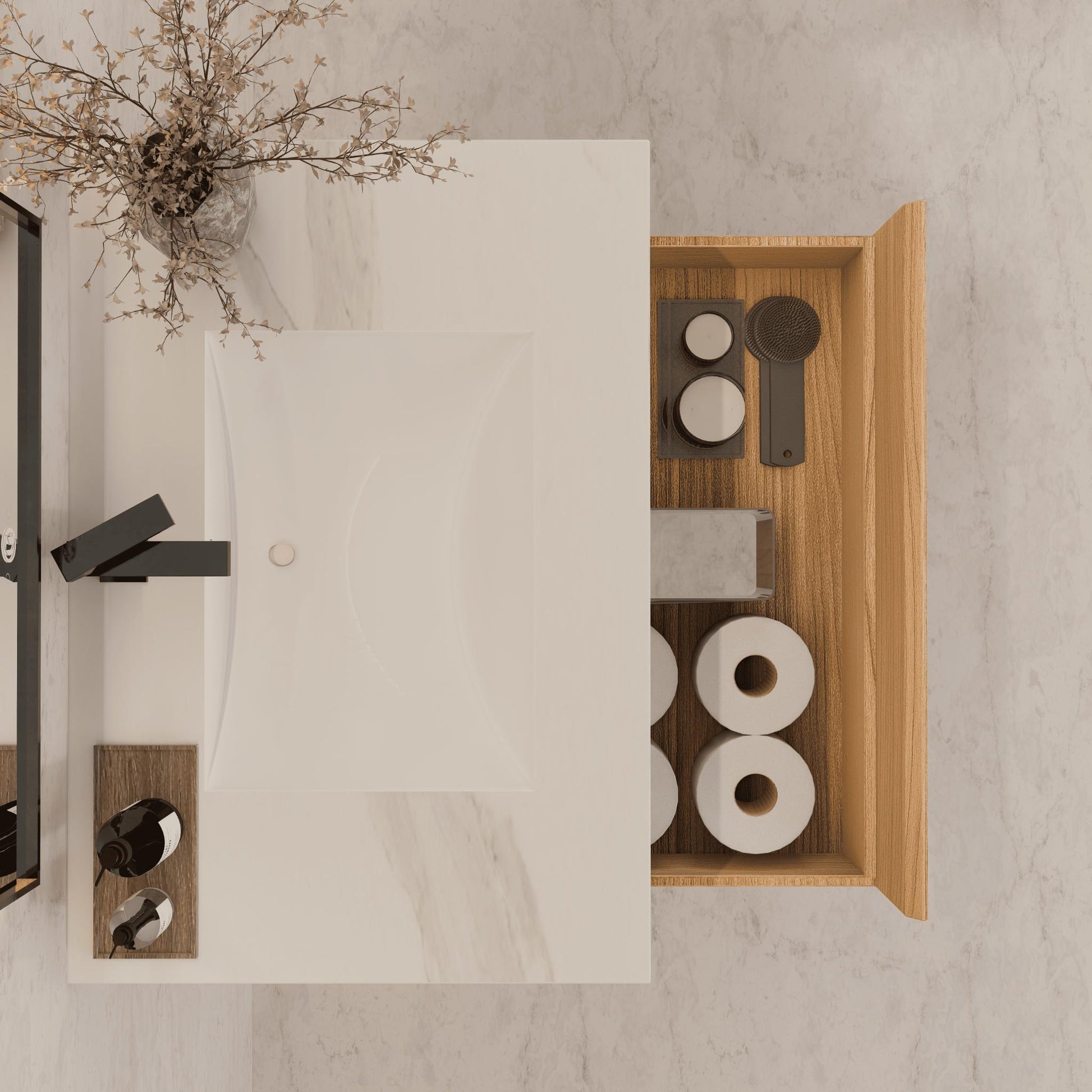 32"Nature Oak Single Sink Floating Bathroom Vanity with Sintered Stone Top - VanityWhite Carrara NeoNova Decor