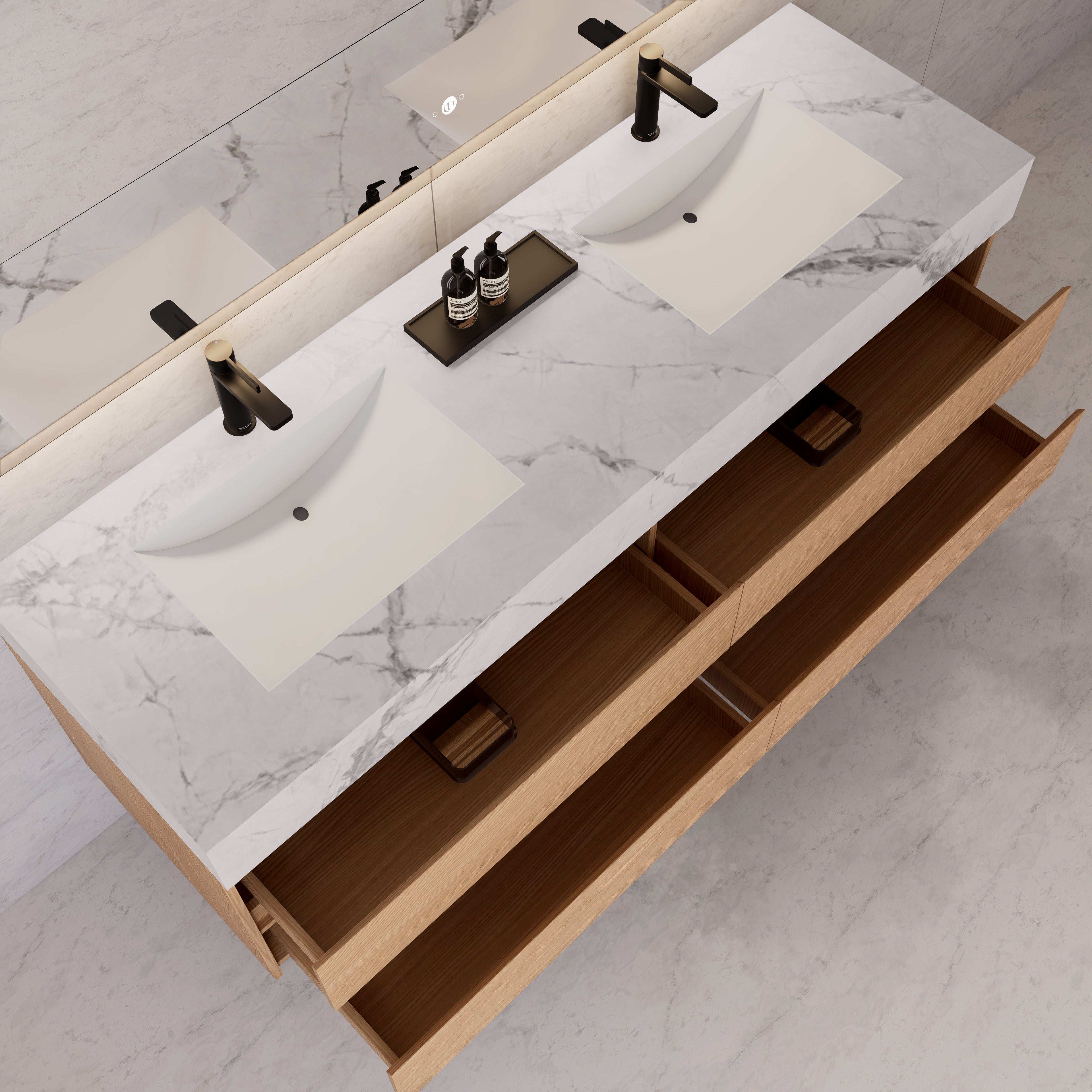 71"，60" Nature Oak Double Sink Sintered Stone Top with Floating Bathroom Vanity