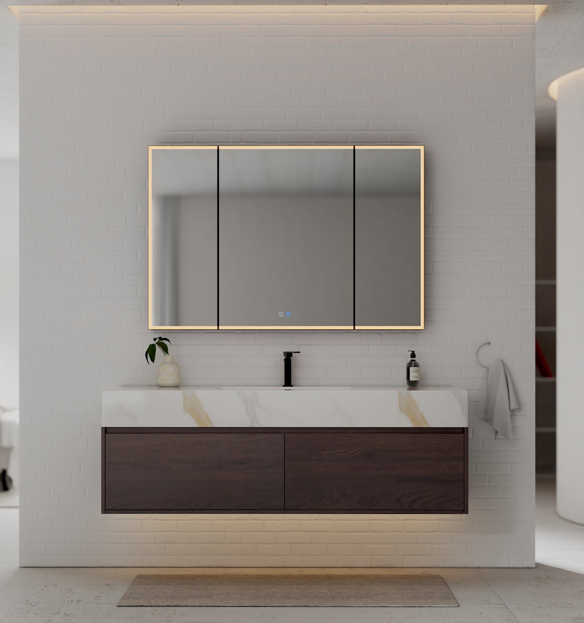 48", 60" Walnut Sintered Stone Top with Double Drawer Floating Bathroom Vanity