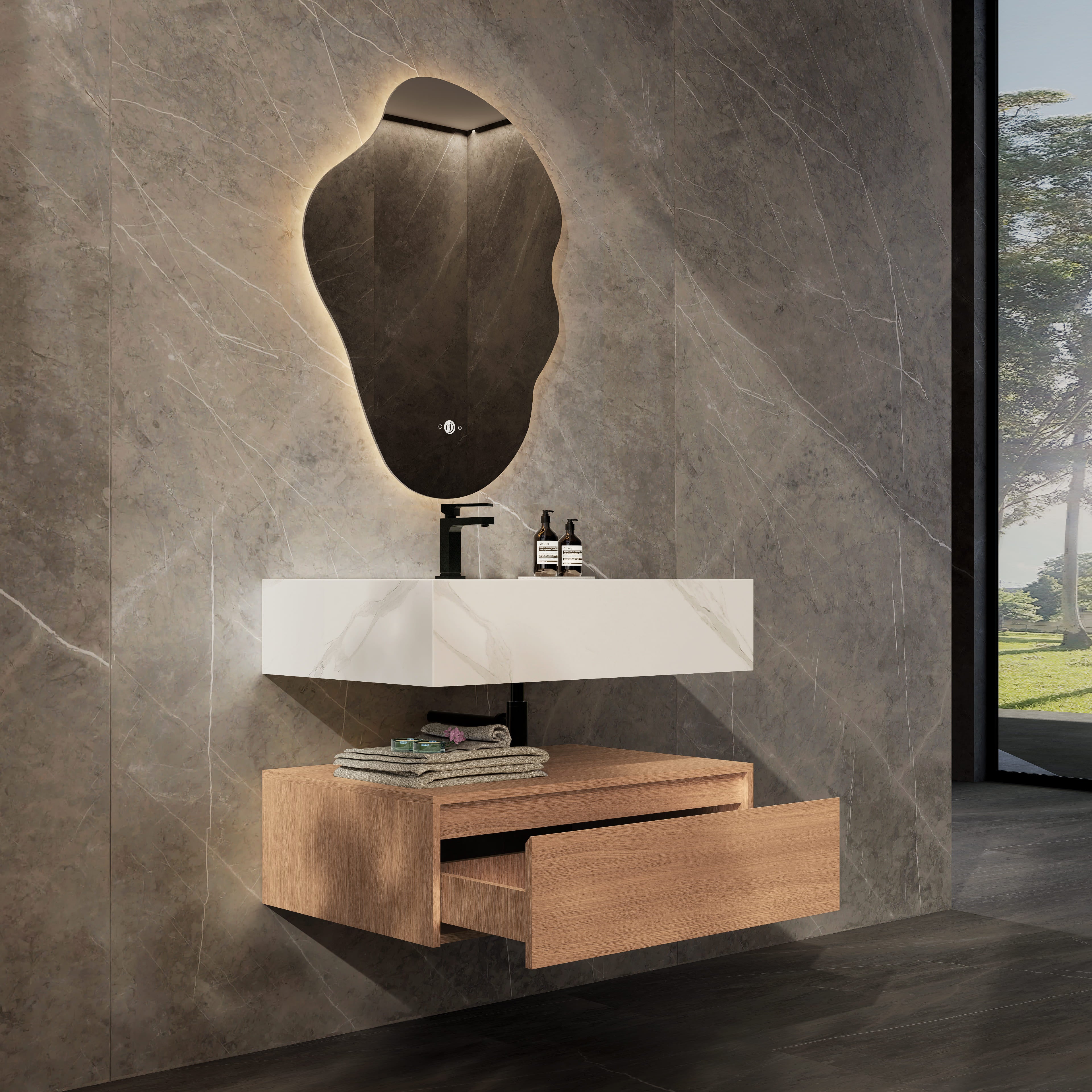 32"/ 36"/40"  Wall Mount Bathroom Vanity - Stone Integrated Basin & Plywood Cabinet