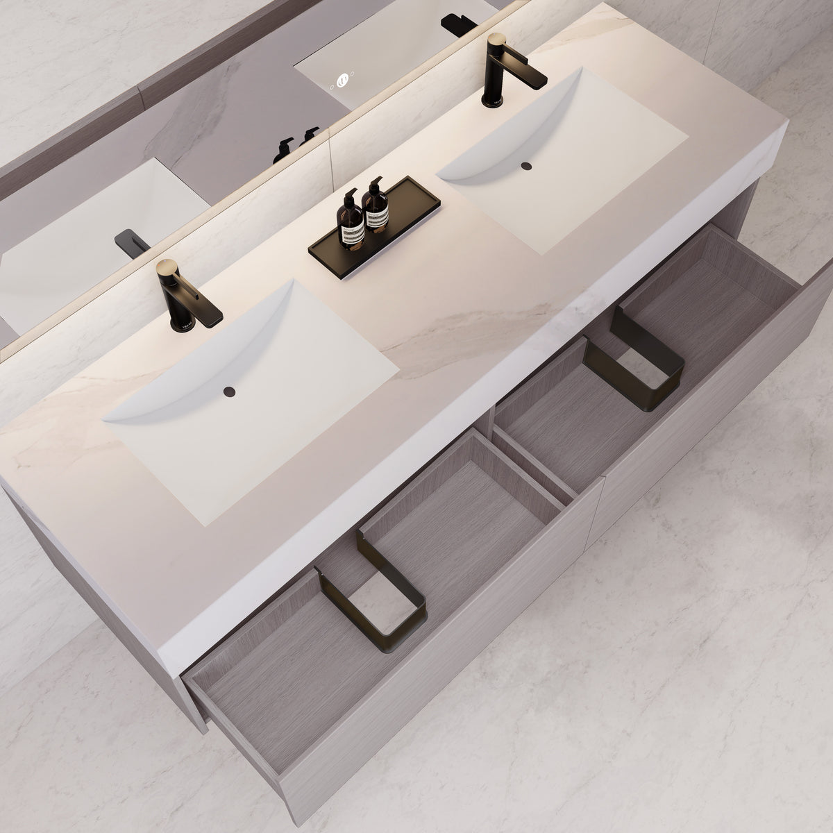 Tocador de baño flotante individual con cubierta de piedra de 60" / 71" de doble lavabo