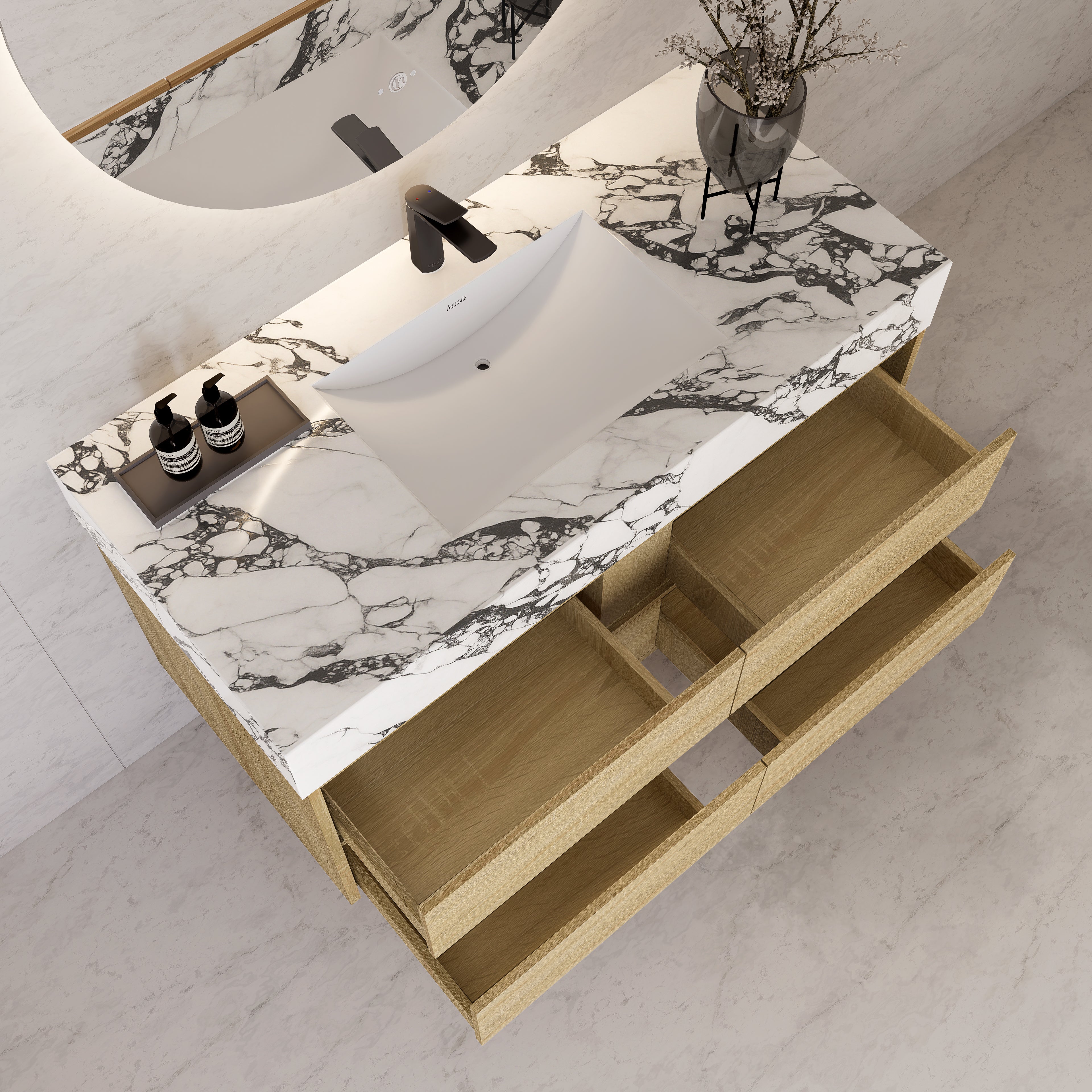 48"，60" Light Oak Sintered Stone Top With Four Drawer Floating Bathroom Vanity