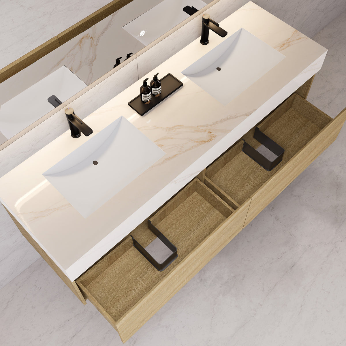 Meuble-lavabo flottant simple de 60 po / 71 po avec dessus en pierre et vasque double