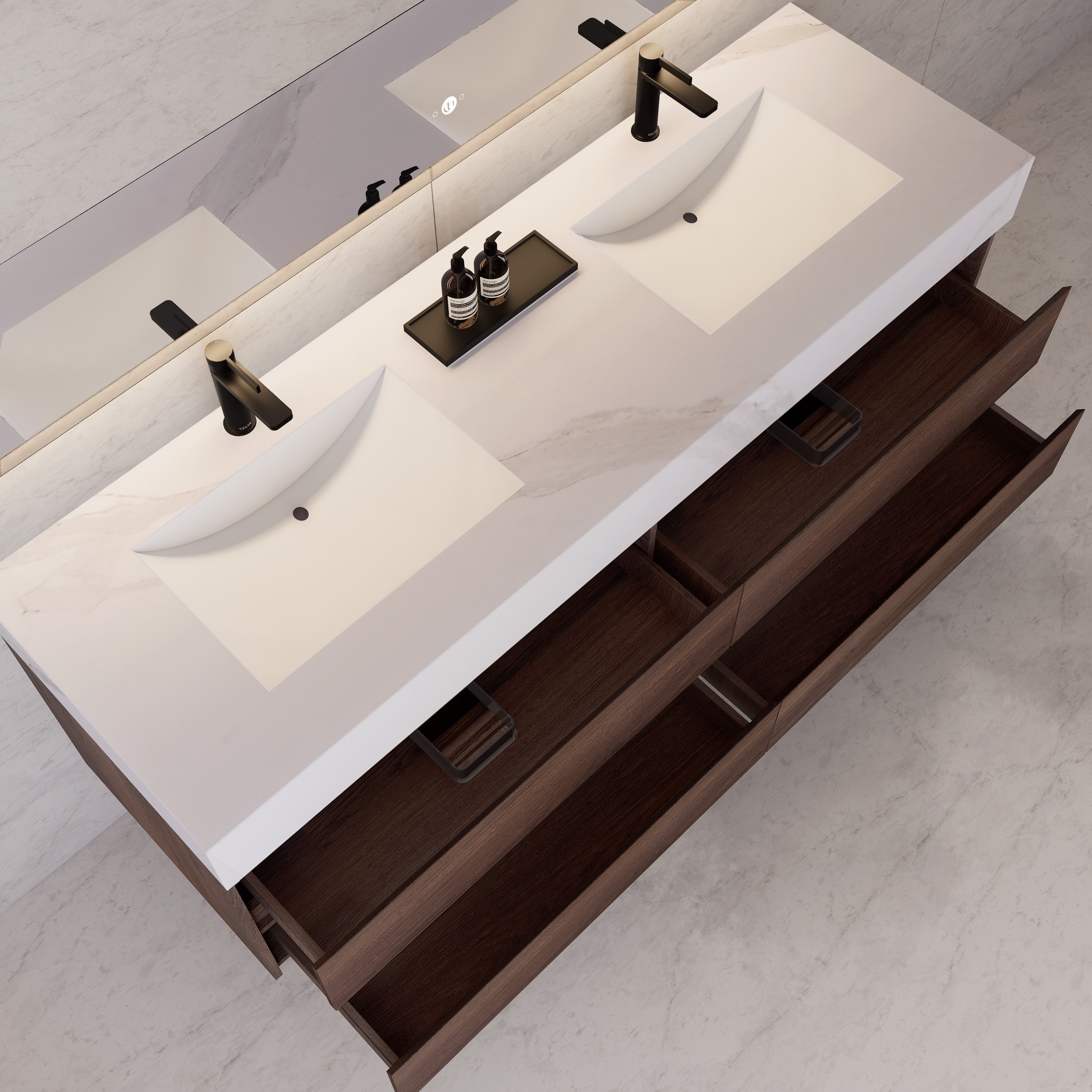 71"，60" Walnut Double Sink Sintered Stone Top with Elegant Floating Bathroom Vanity