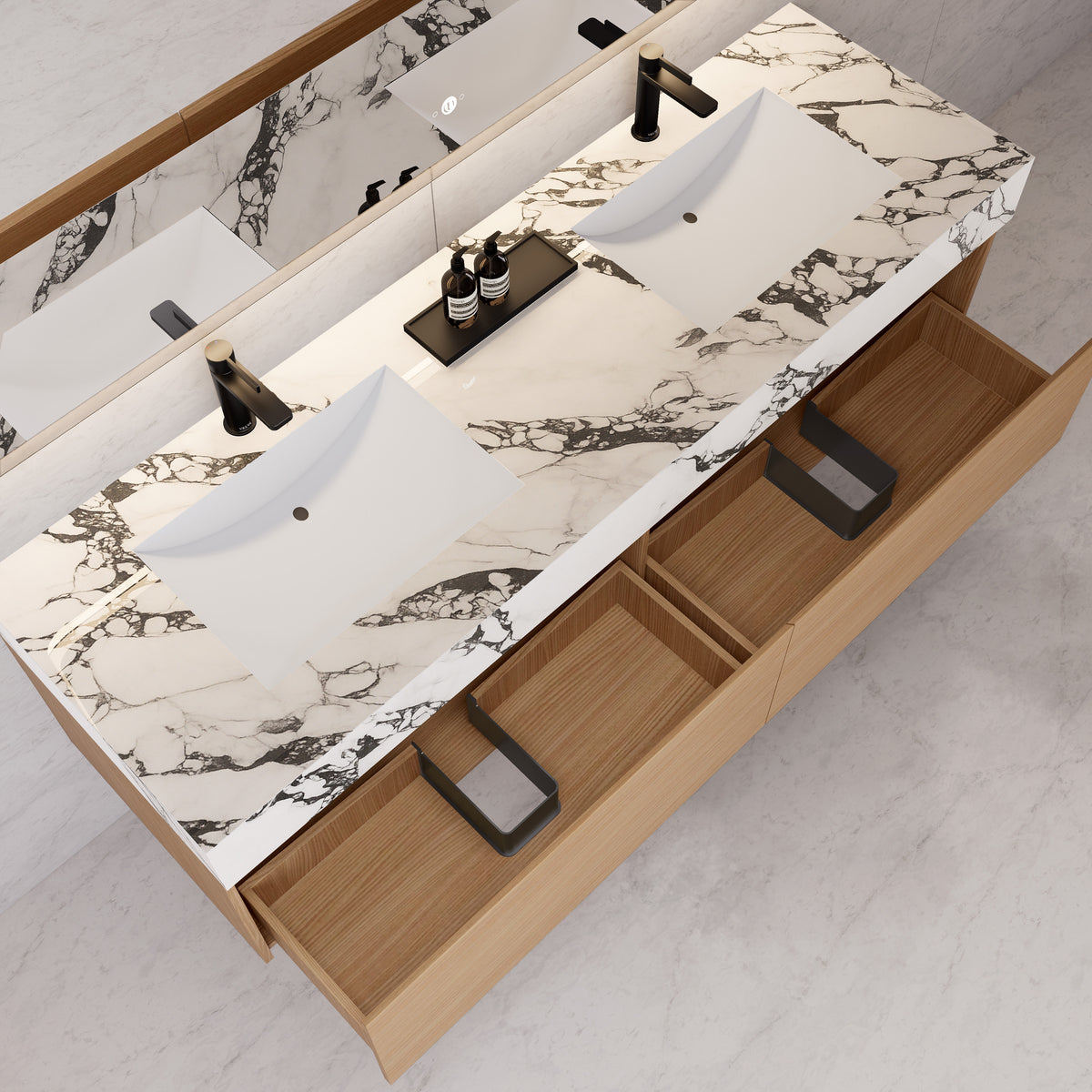 Meuble-lavabo flottant simple de 60 po / 71 po avec dessus en pierre et vasque double
