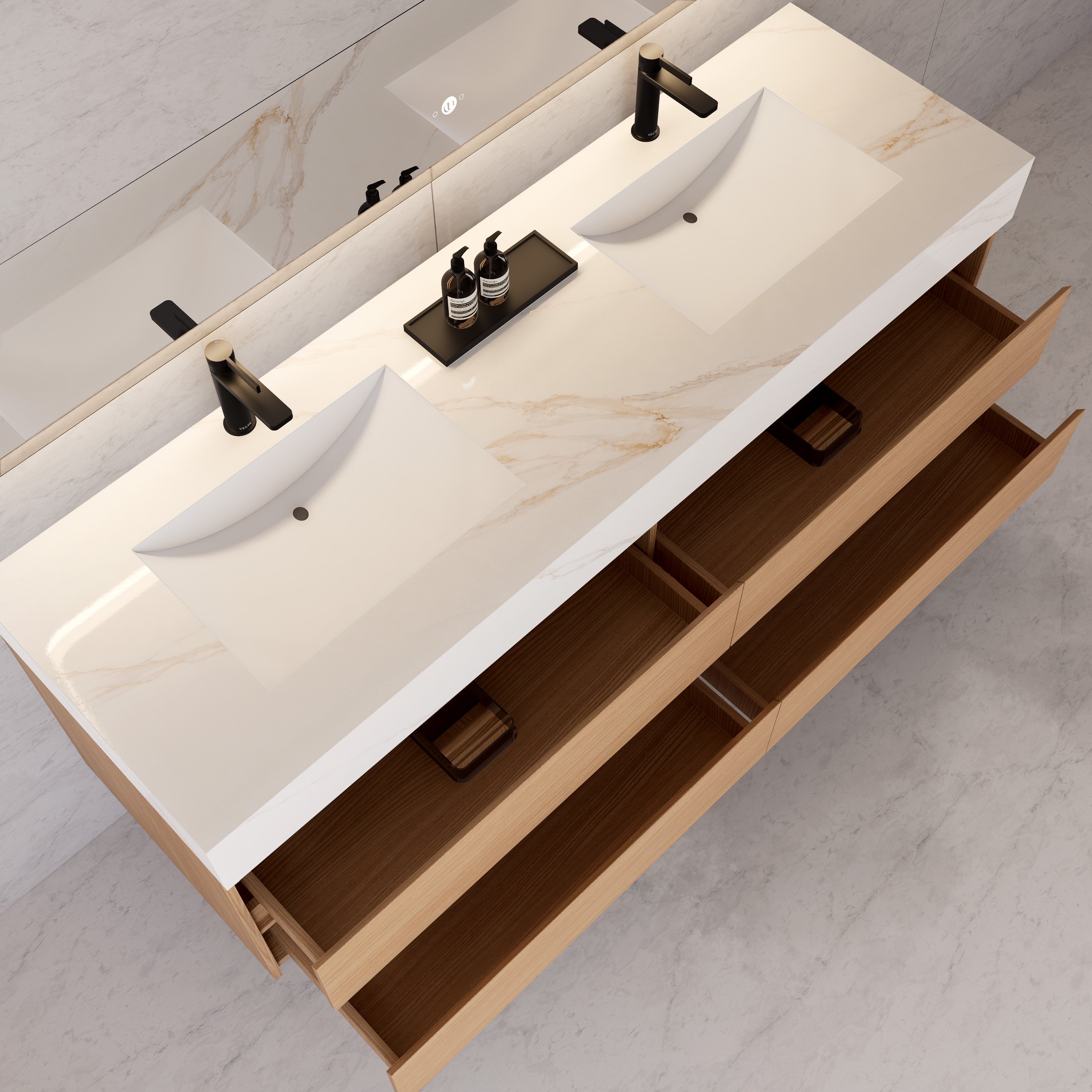 71"，60" Nature Oak Double Sink Sintered Stone Top with Floating Bathroom Vanity
