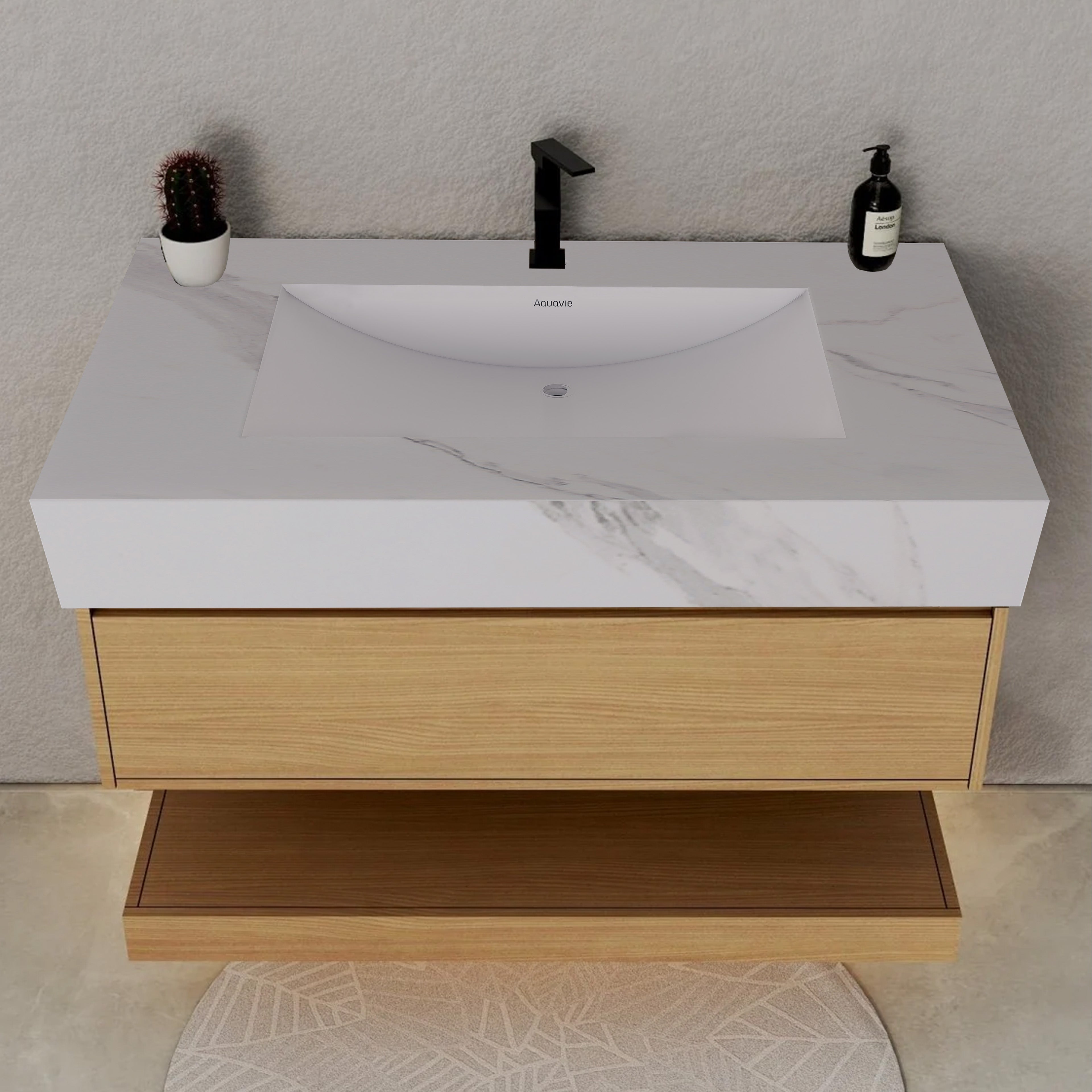 32", 36", 40" Nature Oak Hotel-Style Floating Bathroom Vanity With Sintered Stone Top