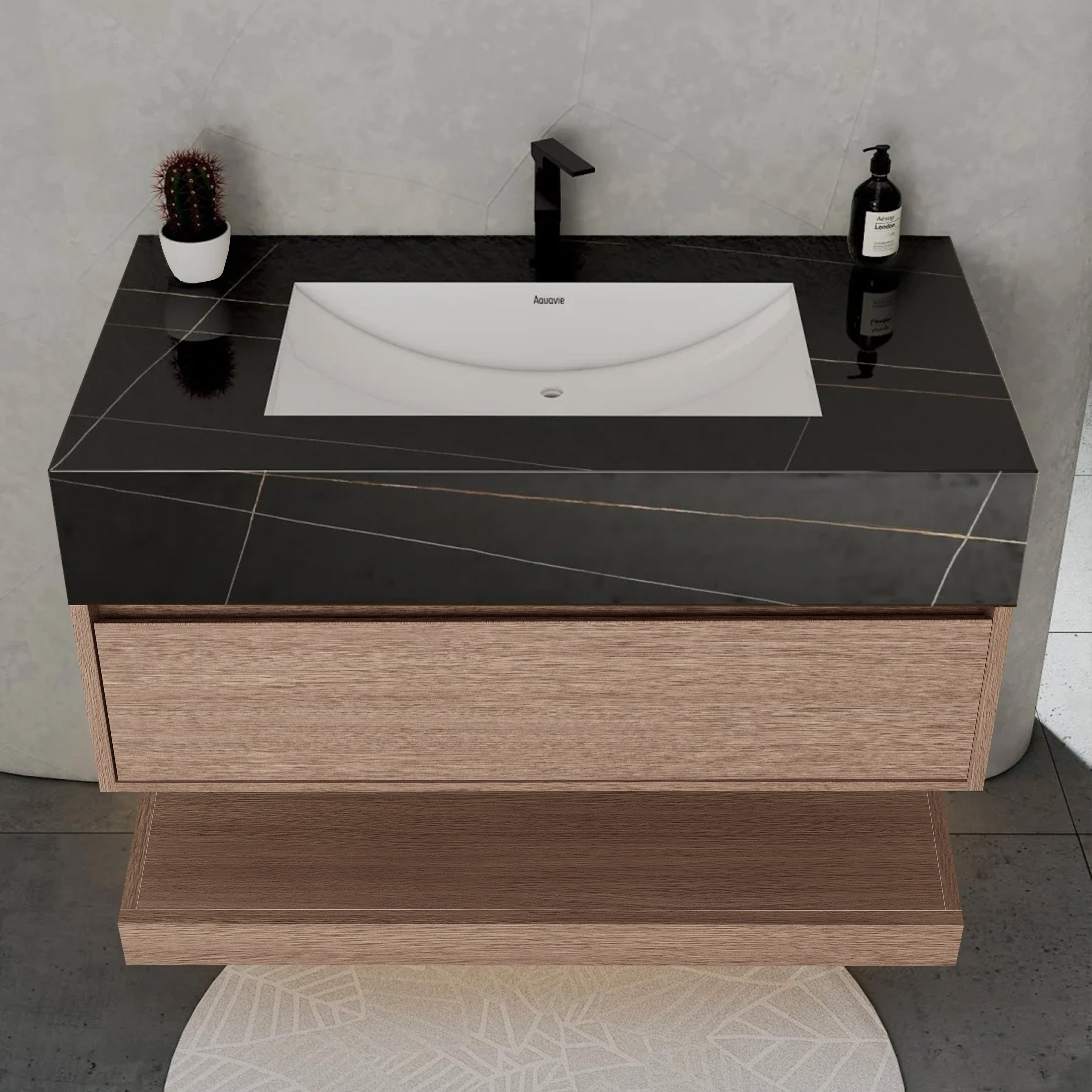 32", 36", 40" Smoked Oak Hotel-Style Floating Bathroom Vanity With Sintered Stone Top