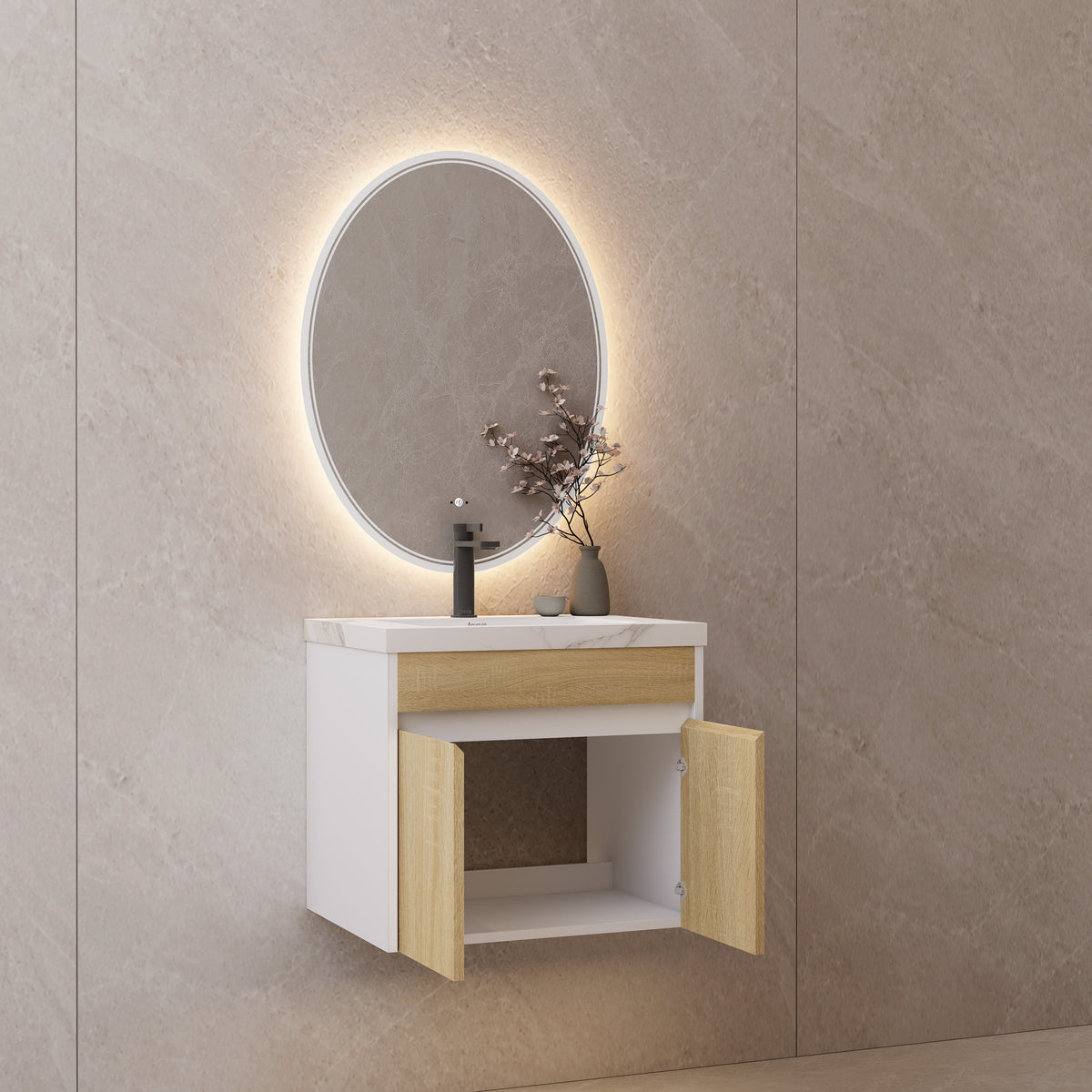 24" Floating Bathroom Vanity — Sintered Stone Top with Seamless Ceramic Sink, Oak & White