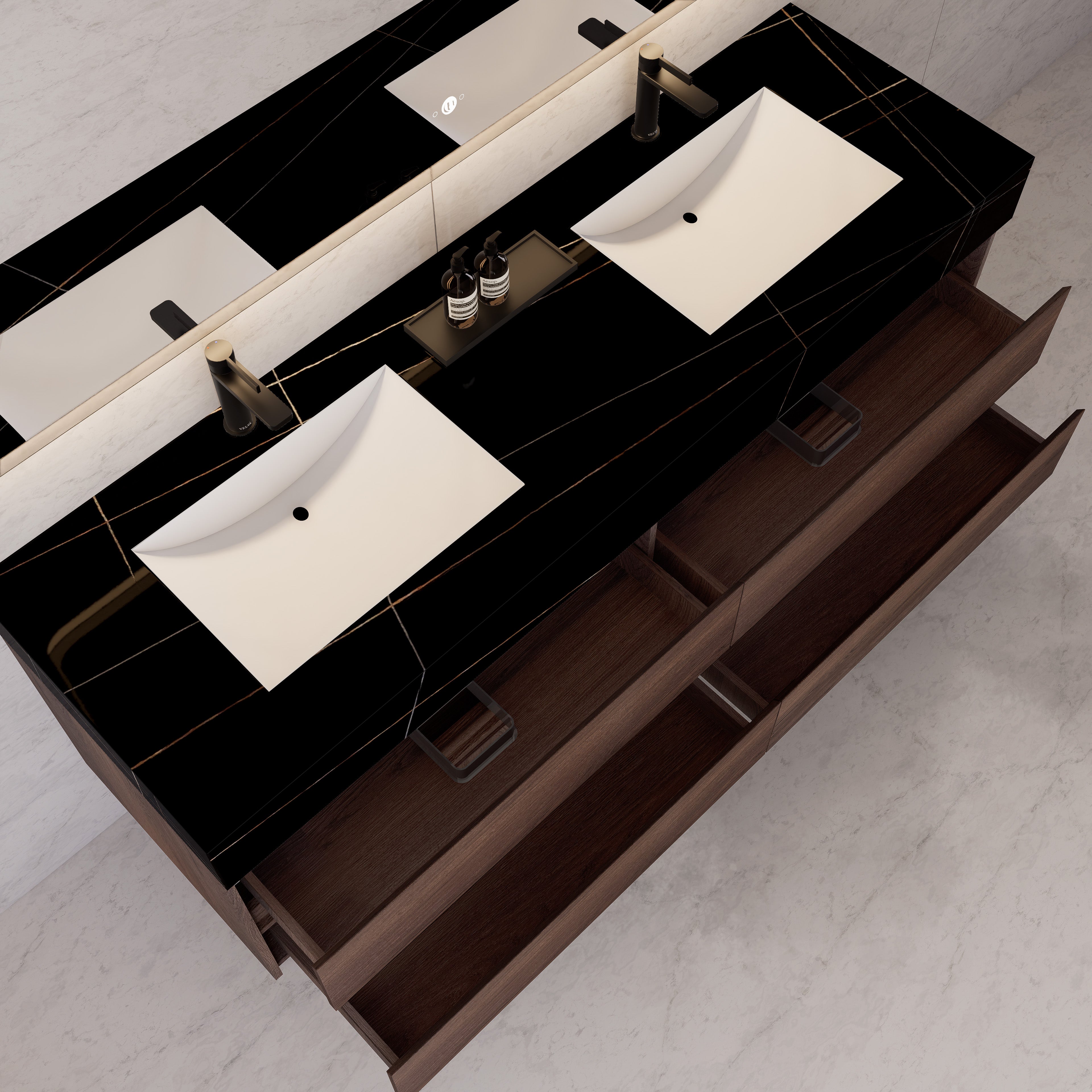 71"，60" Walnut Double Sink Sintered Stone Top with Elegant Floating Bathroom Vanity