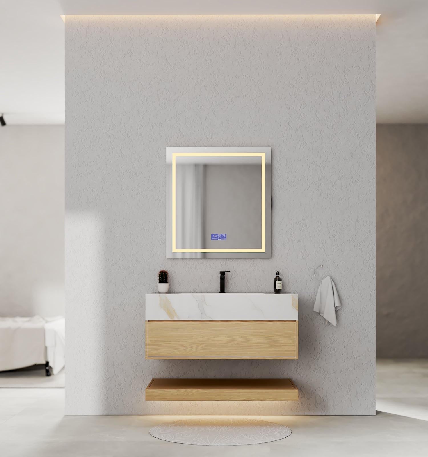 32", 36", 40" Nature Oak Hotel-Style Floating Bathroom Vanity With Sintered Stone Top
