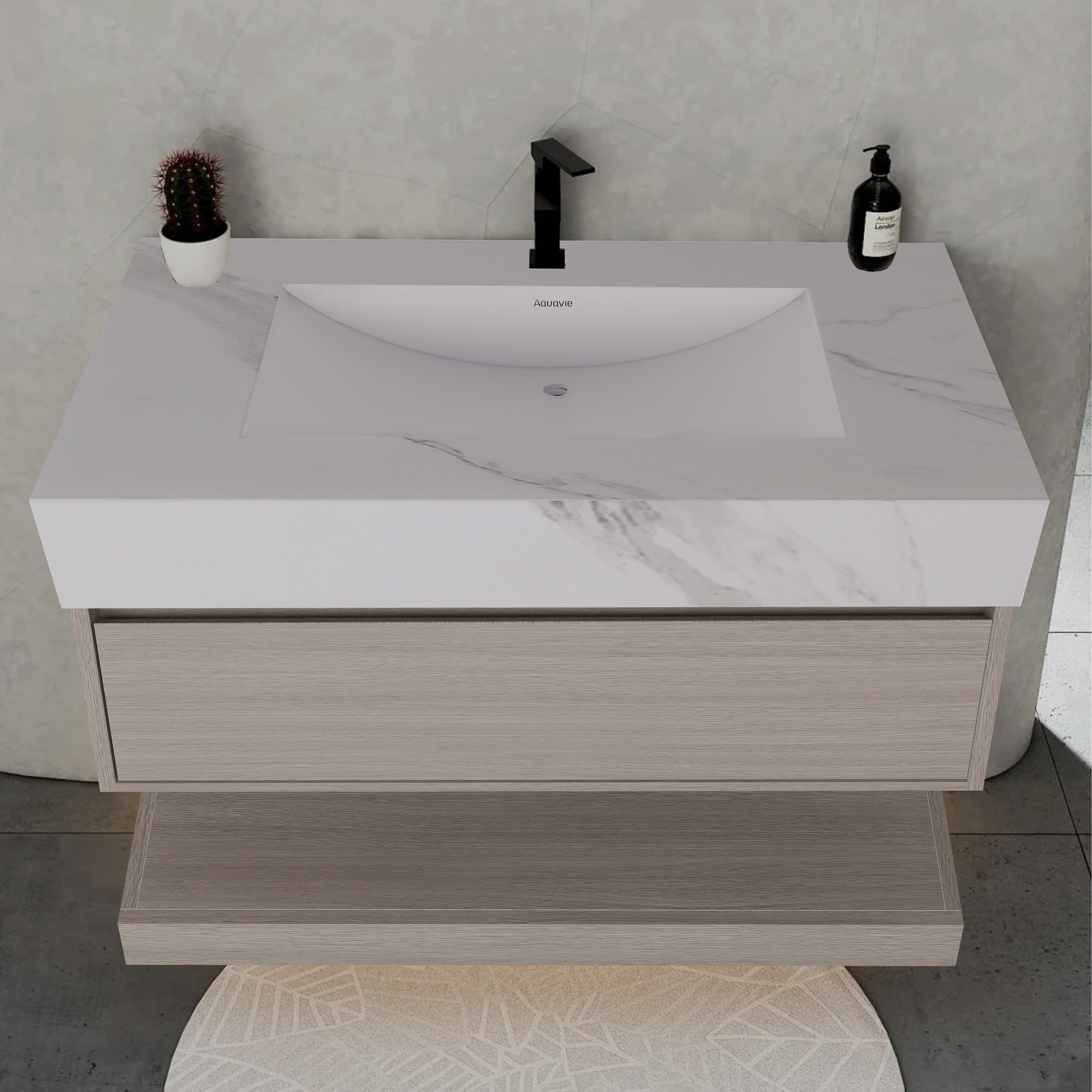 32", 36", 40" White Grey Oak Hotel-Style Floating Bathroom Vanity With Sintered Stone Top with