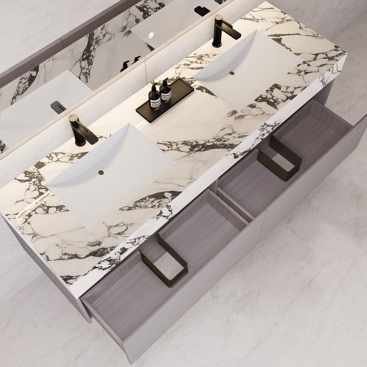 Tocador de baño flotante individual con cubierta de piedra de 60" / 71" de doble lavabo