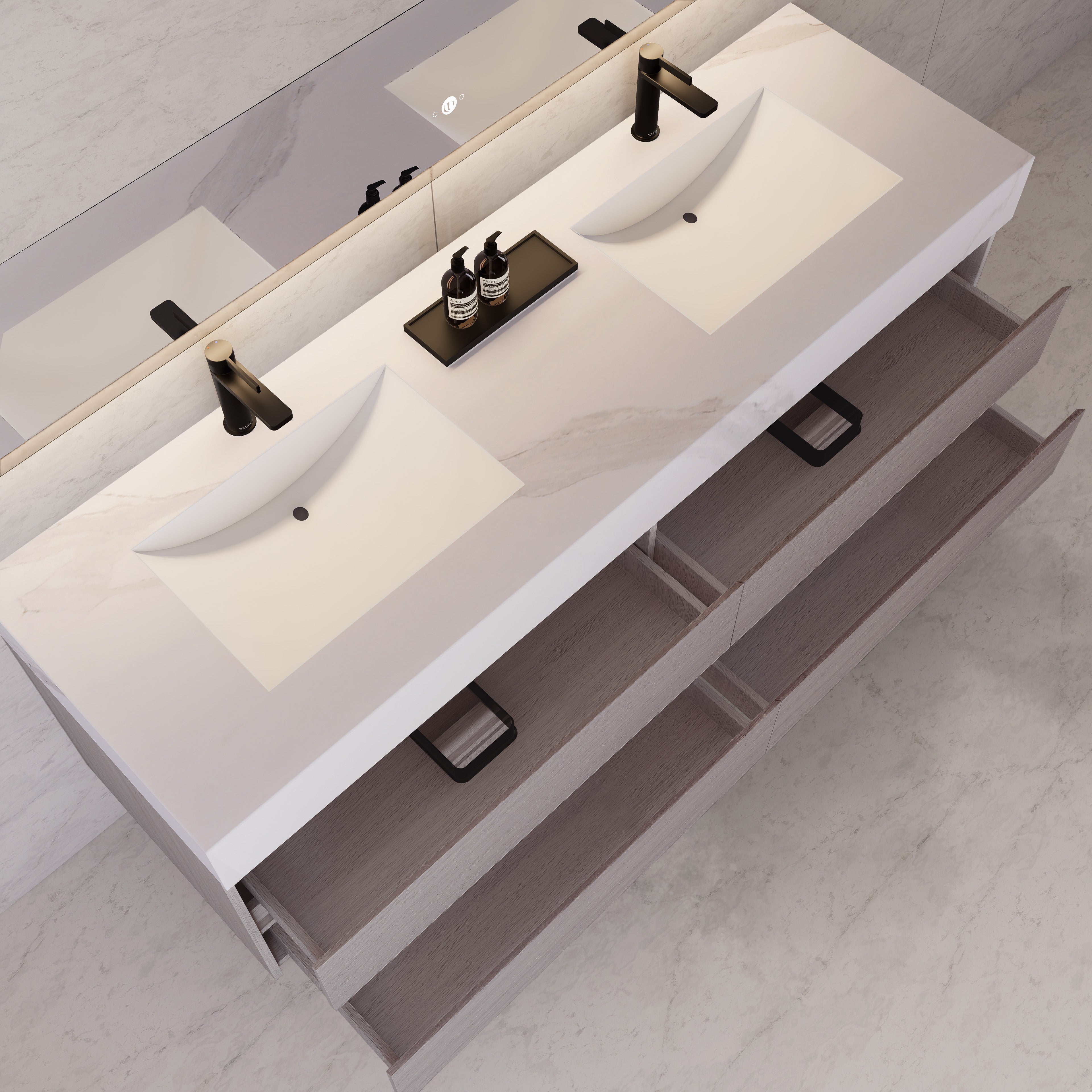 71"，60" White Grey Oak Double Sink Sintered Stone Top with Floating Bathroom Vanity