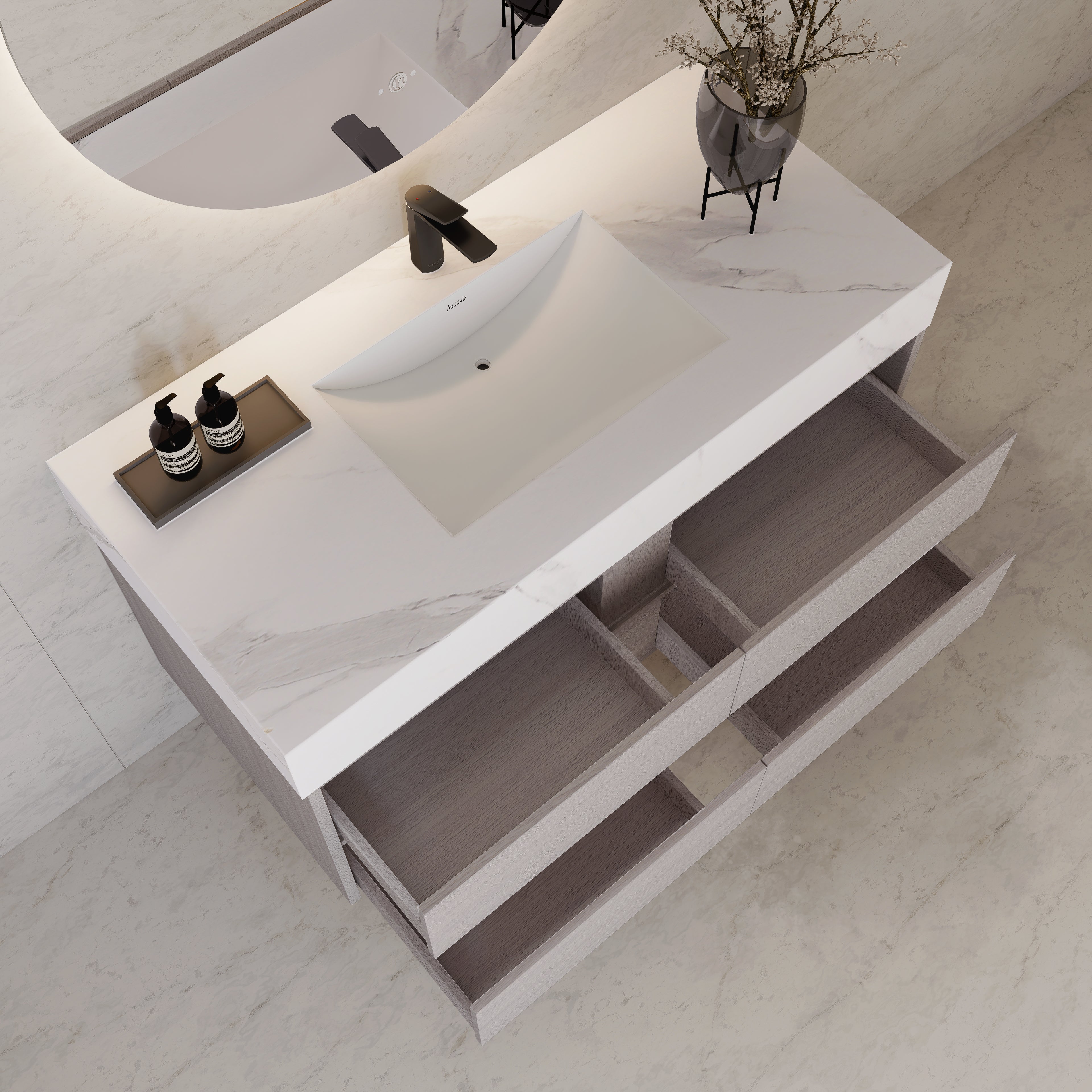 48"，60" White Grey Sintered Stone Top With Four Drawer Floating Bathroom Vanity