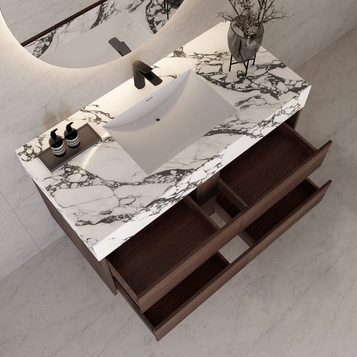 48"，60" Walnut Sintered Stone Top With Four Drawer Floating Bathroom Vanity