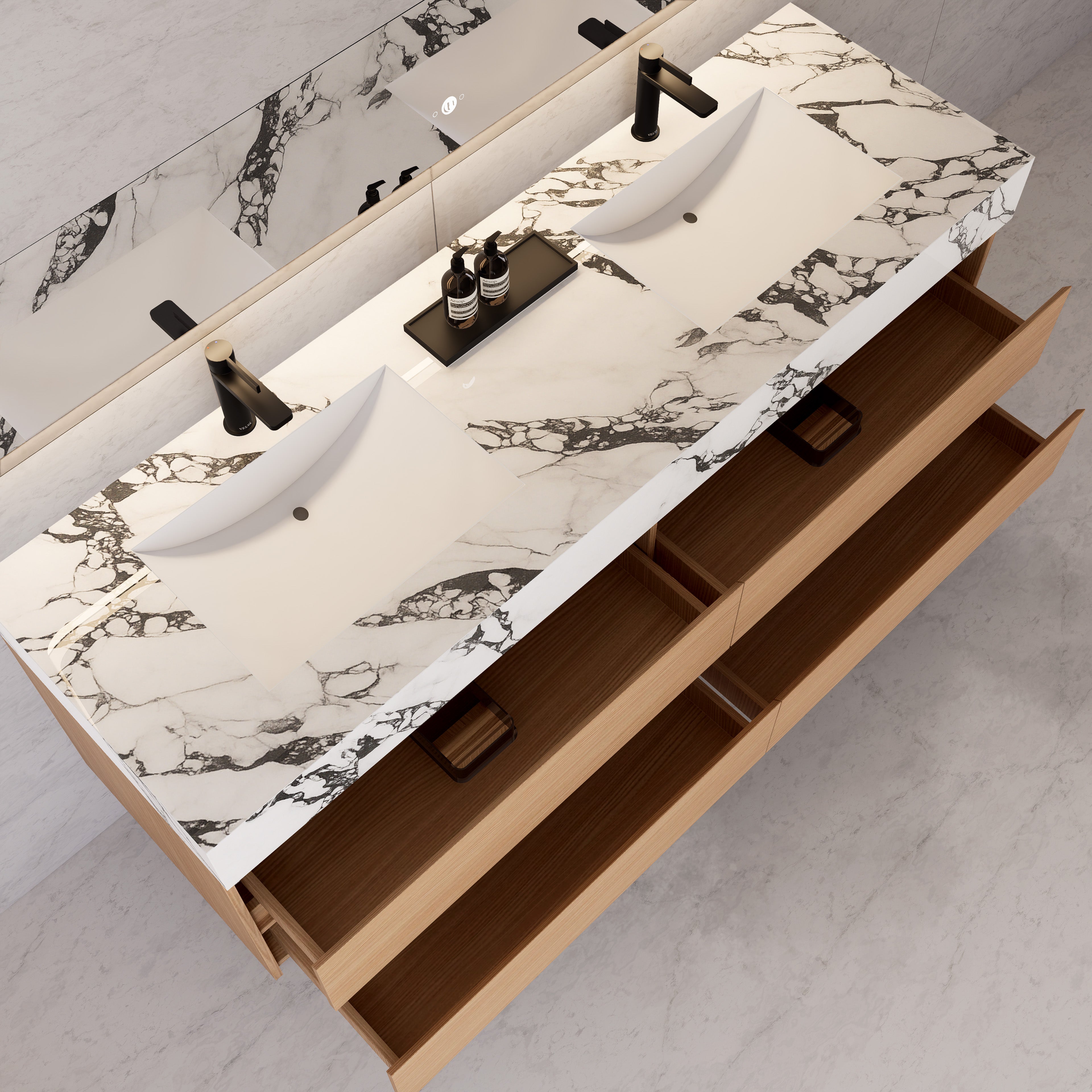 71"，60" Nature Oak Double Sink Sintered Stone Top with Floating Bathroom Vanity