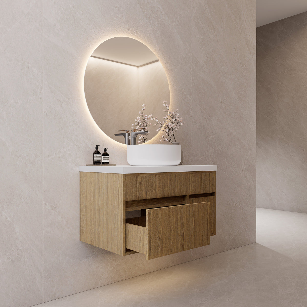 Floating Vessel Sink Vanity — Natural Oak Cabinet with Sintered Stone Top, Door & Drawer