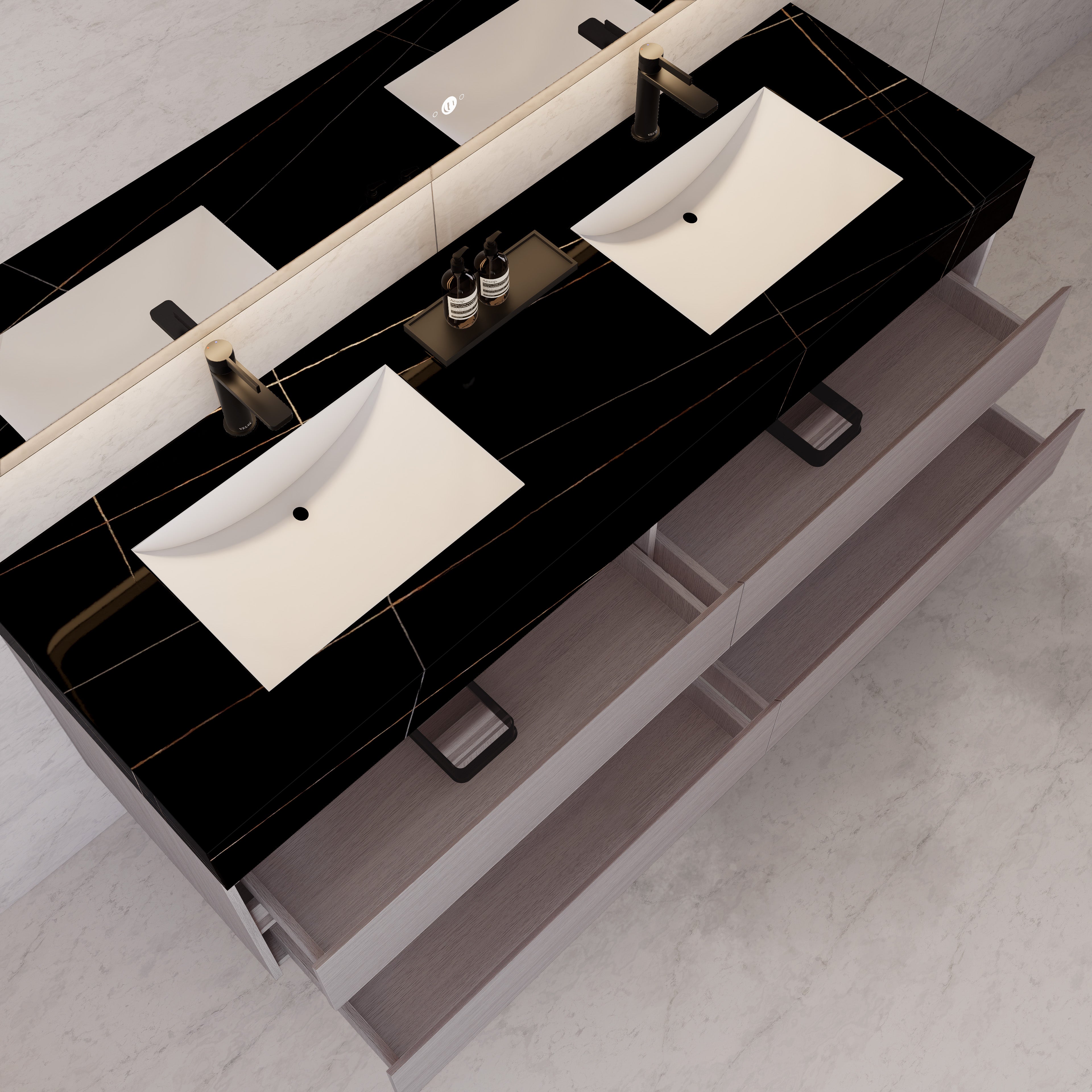 71"，60" White Grey Oak Double Sink Sintered Stone Top with Floating Bathroom Vanity