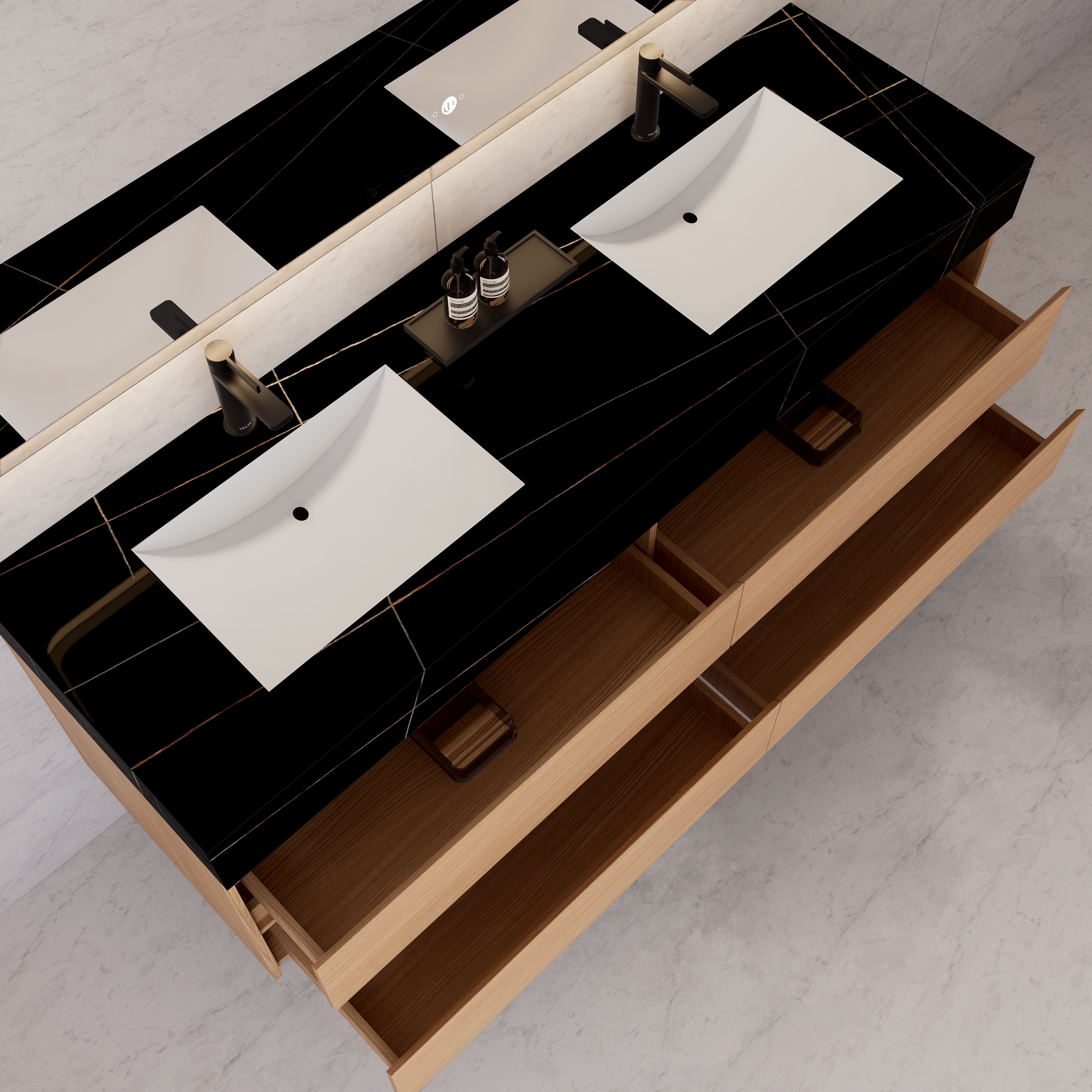 71"，60" Nature Oak Double Sink Sintered Stone Top with Floating Bathroom Vanity