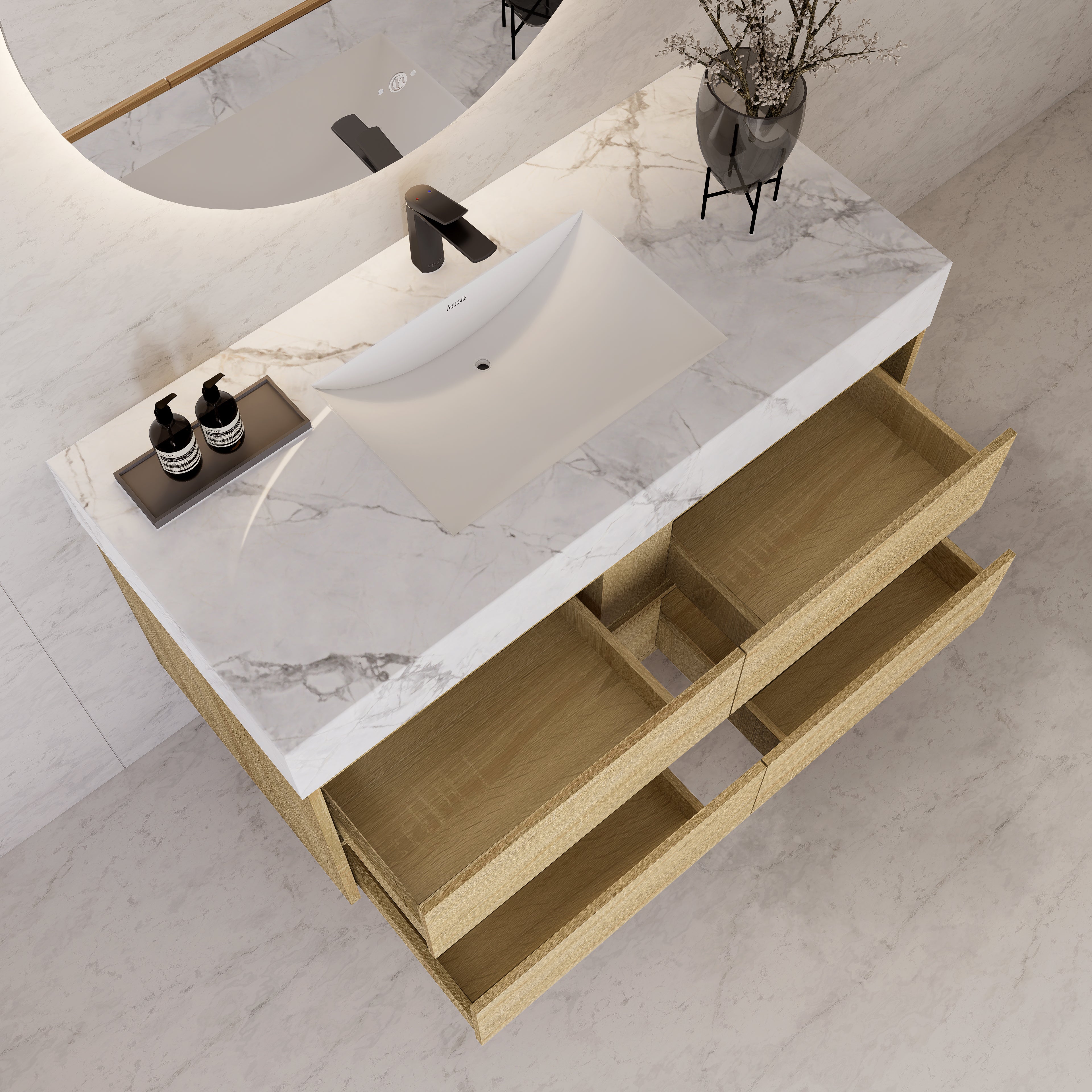 48"，60" Light Oak Sintered Stone Top With Four Drawer Floating Bathroom Vanity