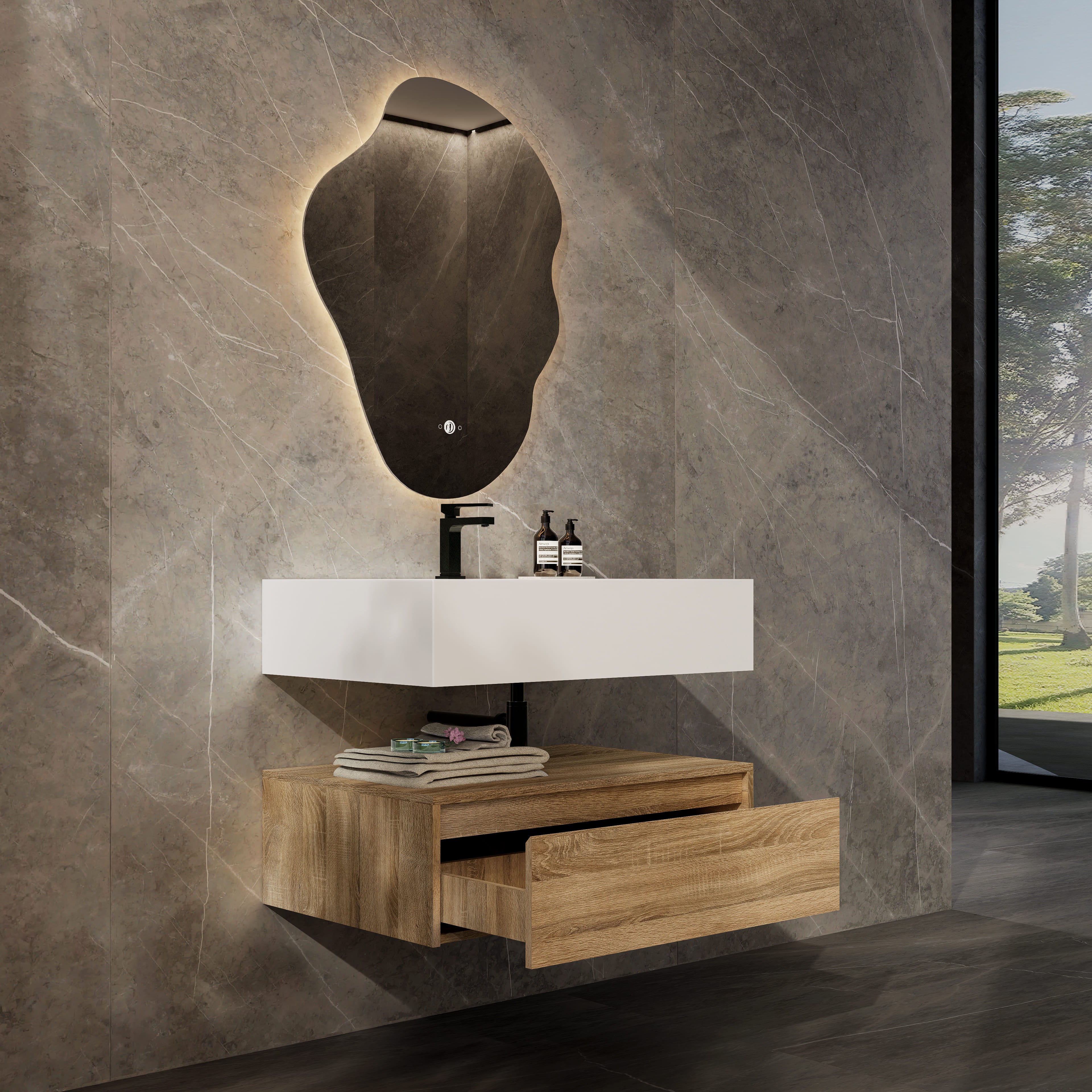 32"/ 36"/40"  Wall Mount Bathroom Vanity - Stone Integrated Basin & Plywood Cabinet