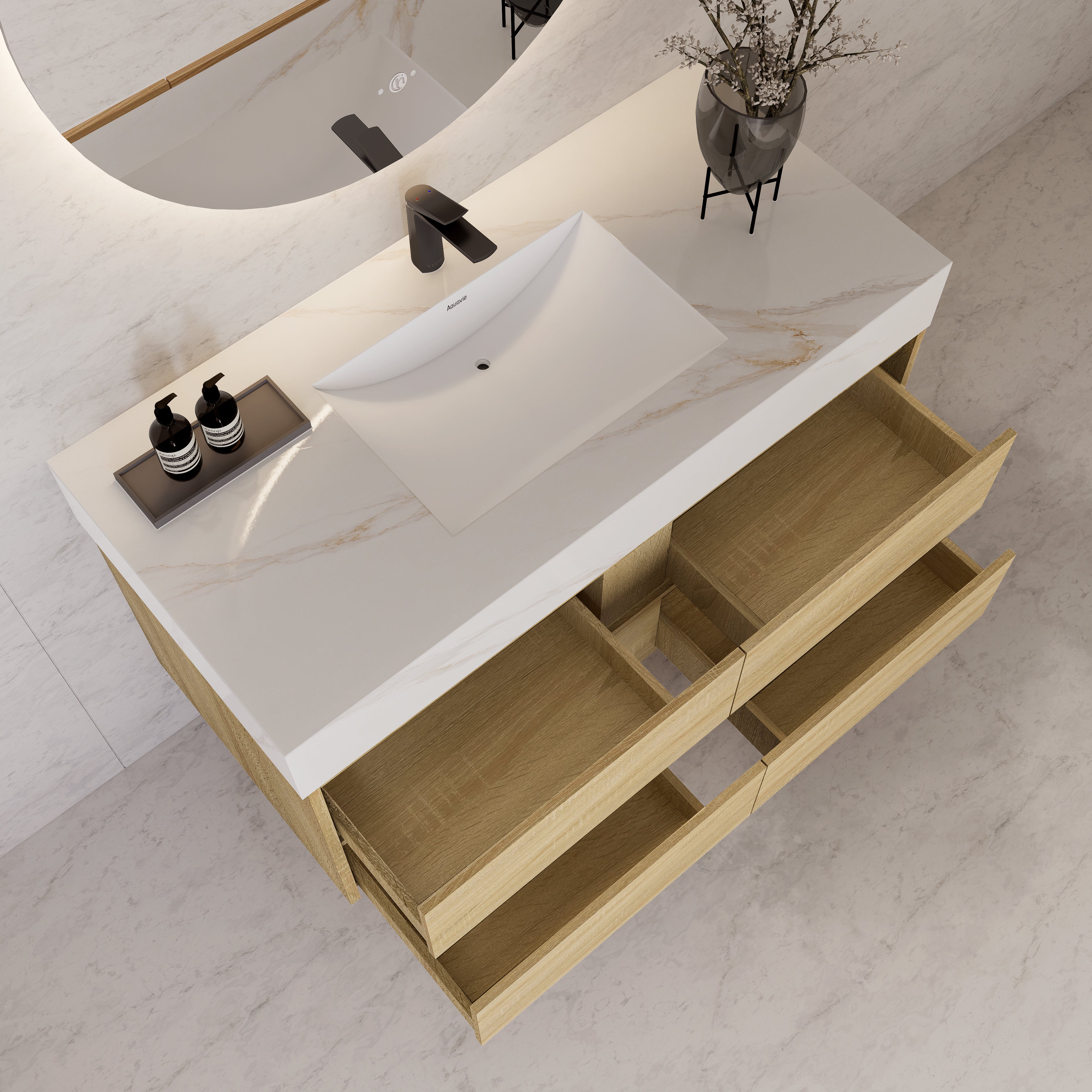 48"，60" Light Oak Sintered Stone Top With Four Drawer Floating Bathroom Vanity
