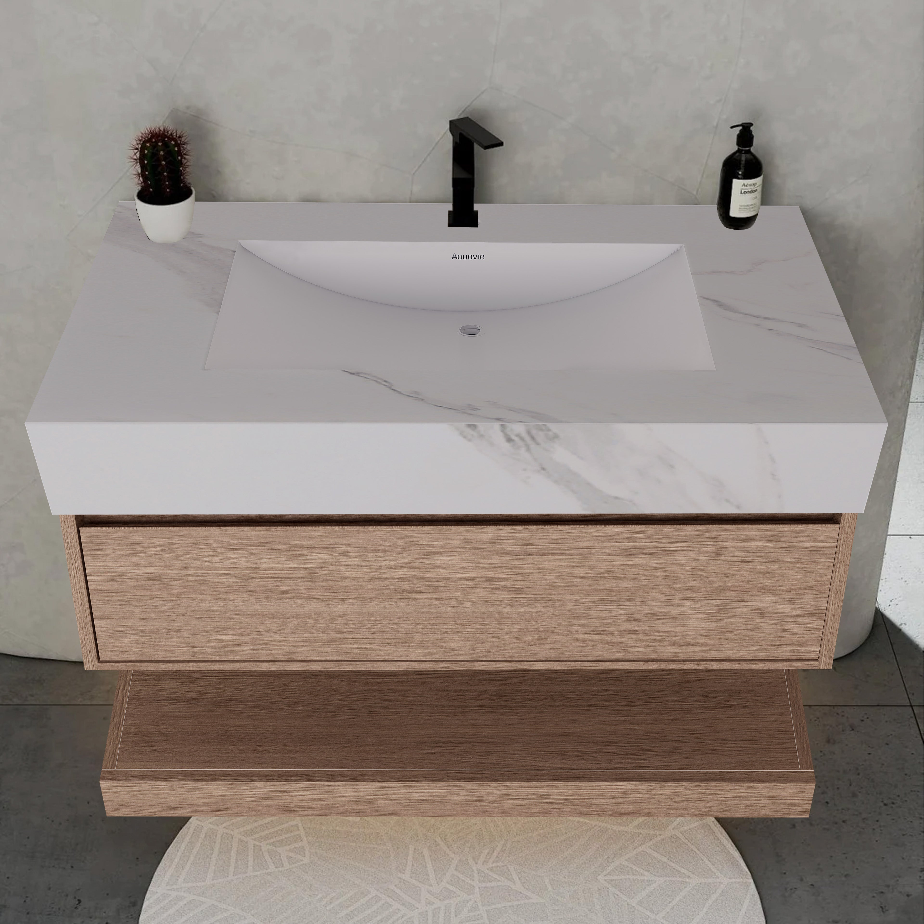 32", 36", 40" Smoked Oak Hotel-Style Floating Bathroom Vanity With Sintered Stone Top
