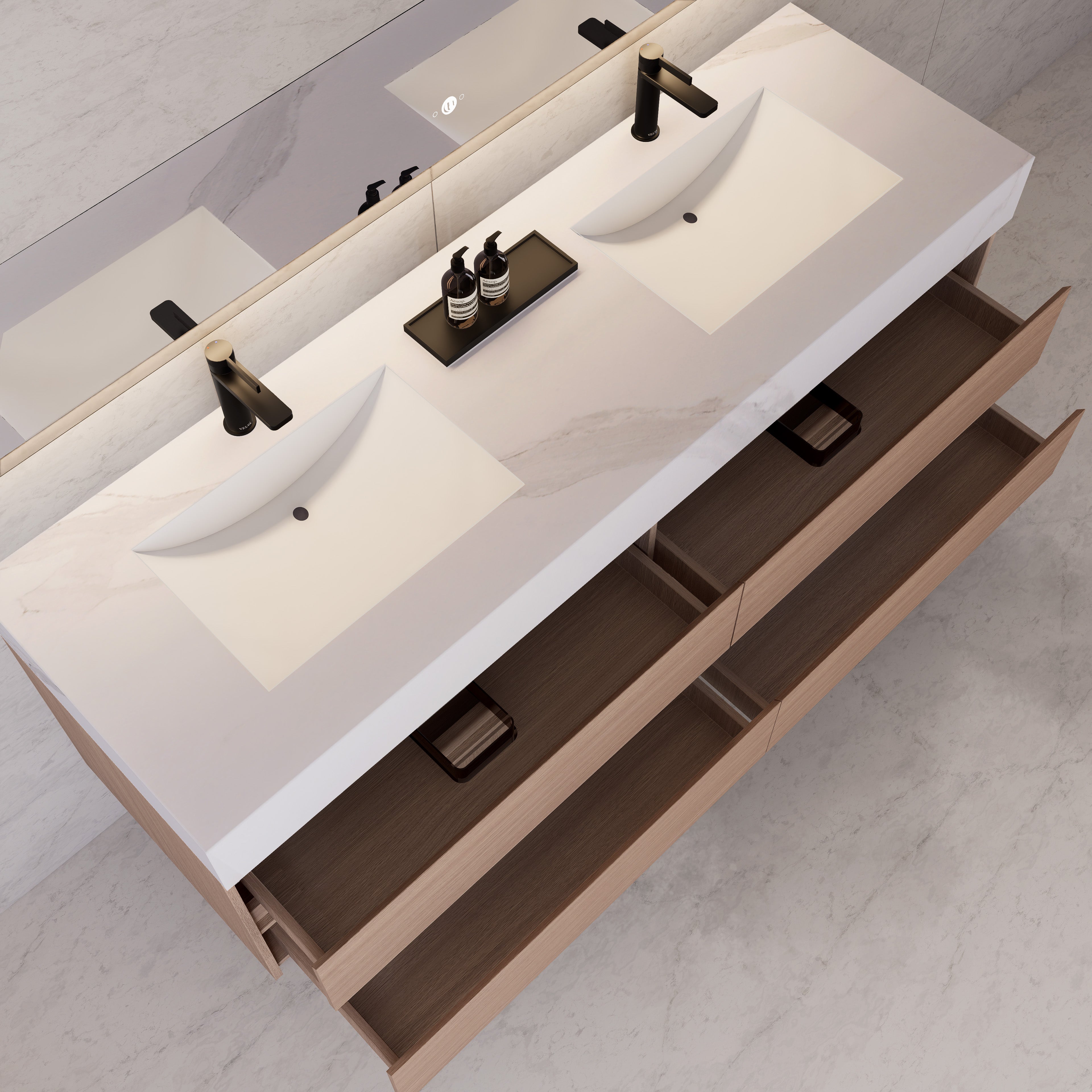 71"，60" Smoked Oak Double Sink Sintered Stone Top with Floating Bathroom Vanity