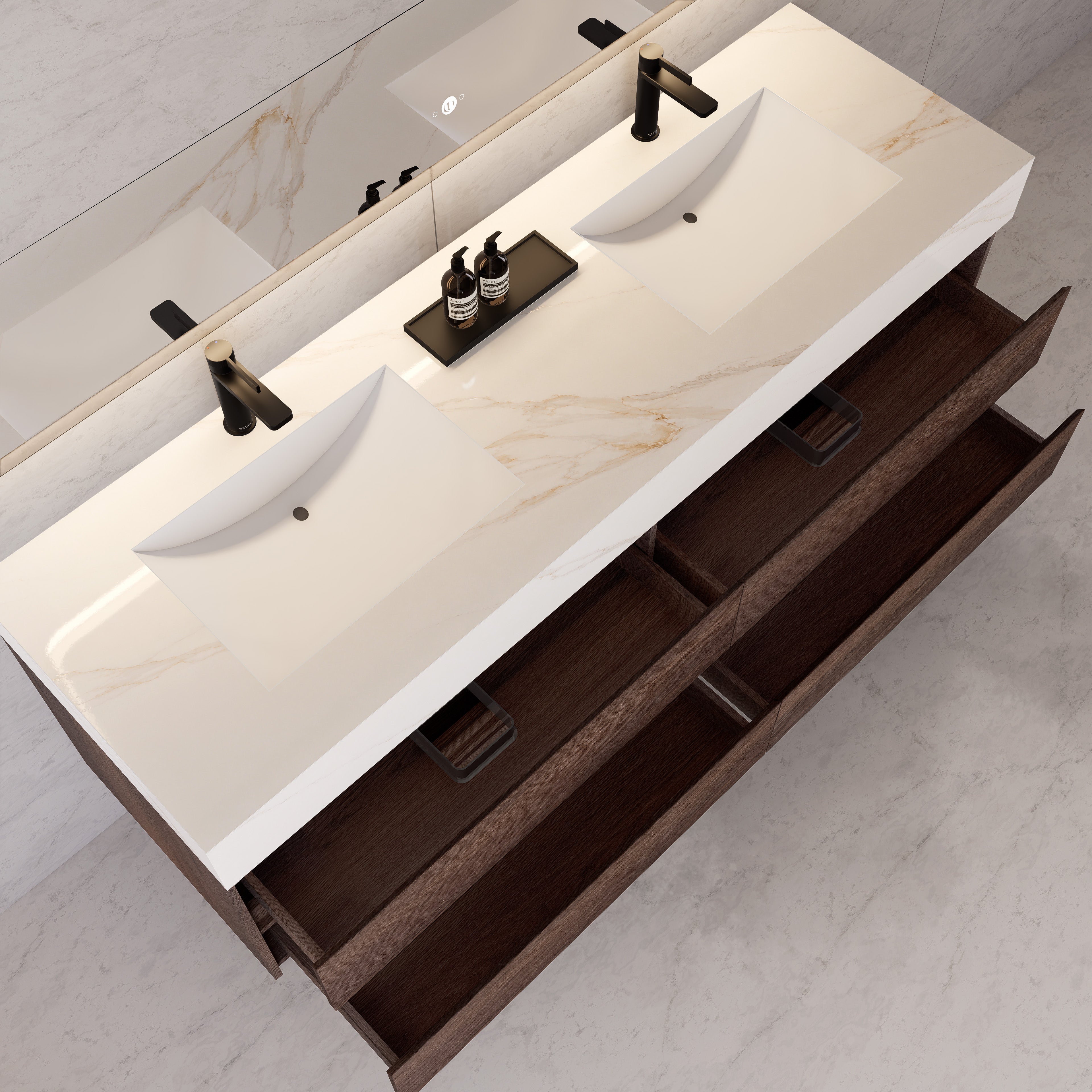 71"，60" Walnut Double Sink Sintered Stone Top with Elegant Floating Bathroom Vanity