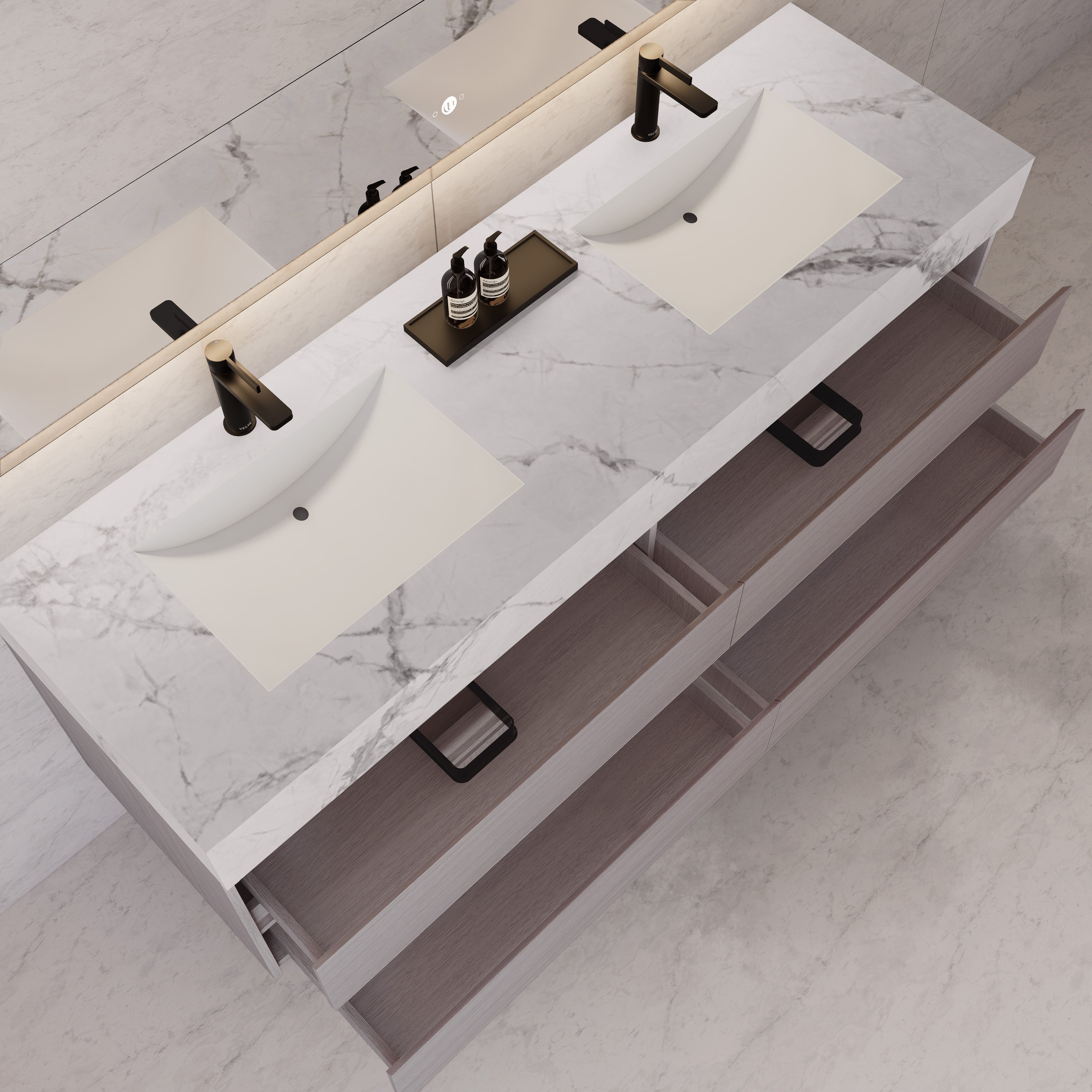 71"，60" White Grey Oak Double Sink Sintered Stone Top with Floating Bathroom Vanity