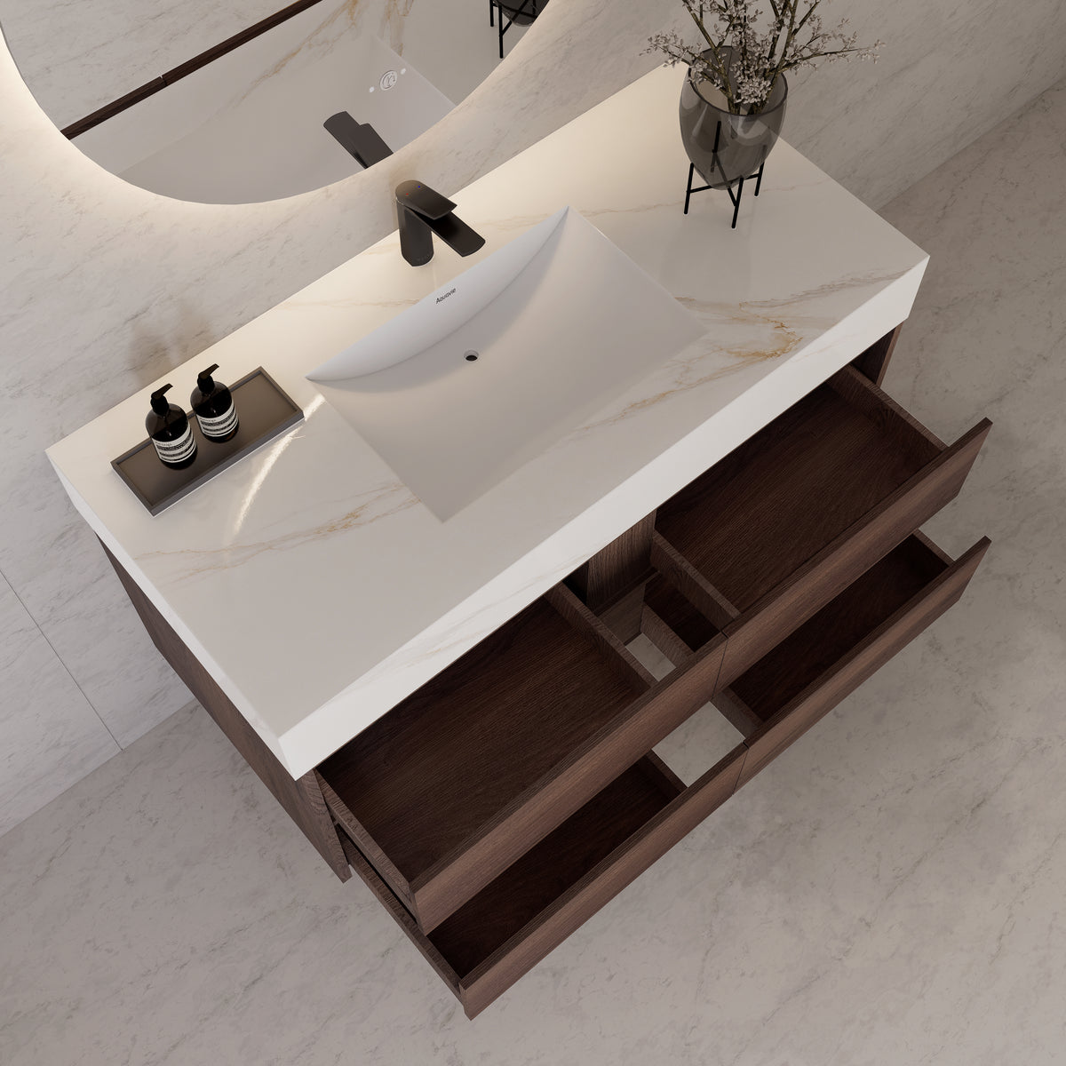 48"，60" Walnut Sintered Stone Top With Four Drawer Floating Bathroom Vanity