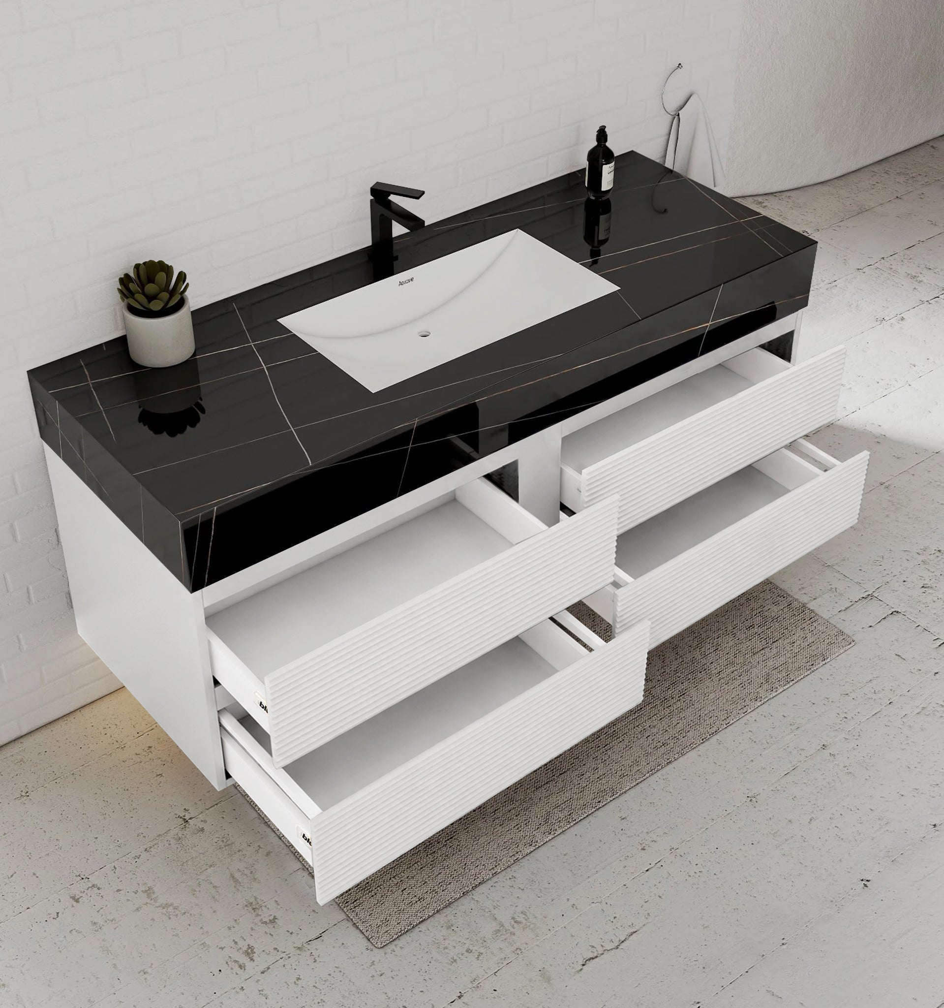 60” White Modern Floating Bathroom Vanity 4 Drawers– Single Basin