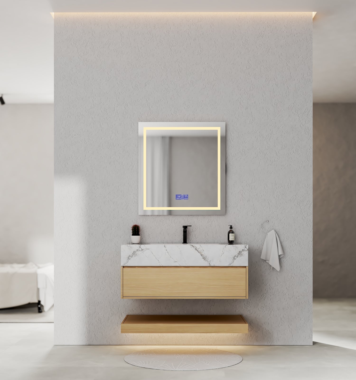 32", 36", 40" Nature Oak Hotel-Style Floating Bathroom Vanity With Sintered Stone Top