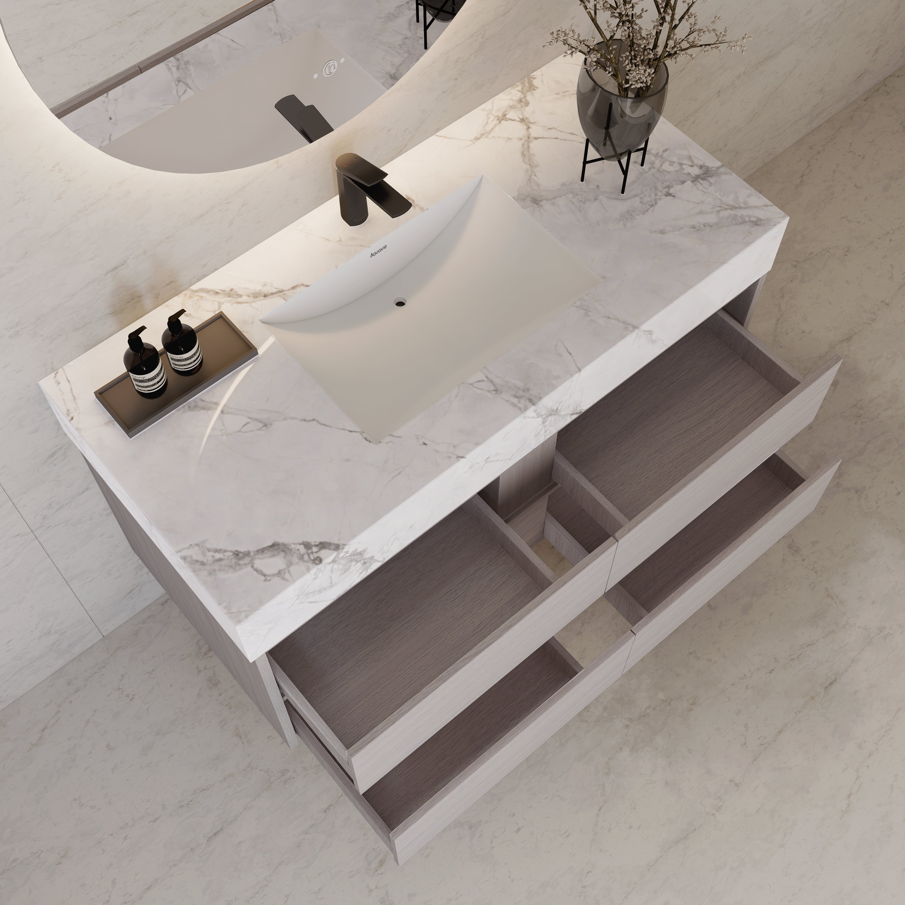 48"，60" White Grey Sintered Stone Top With Four Drawer Floating Bathroom Vanity