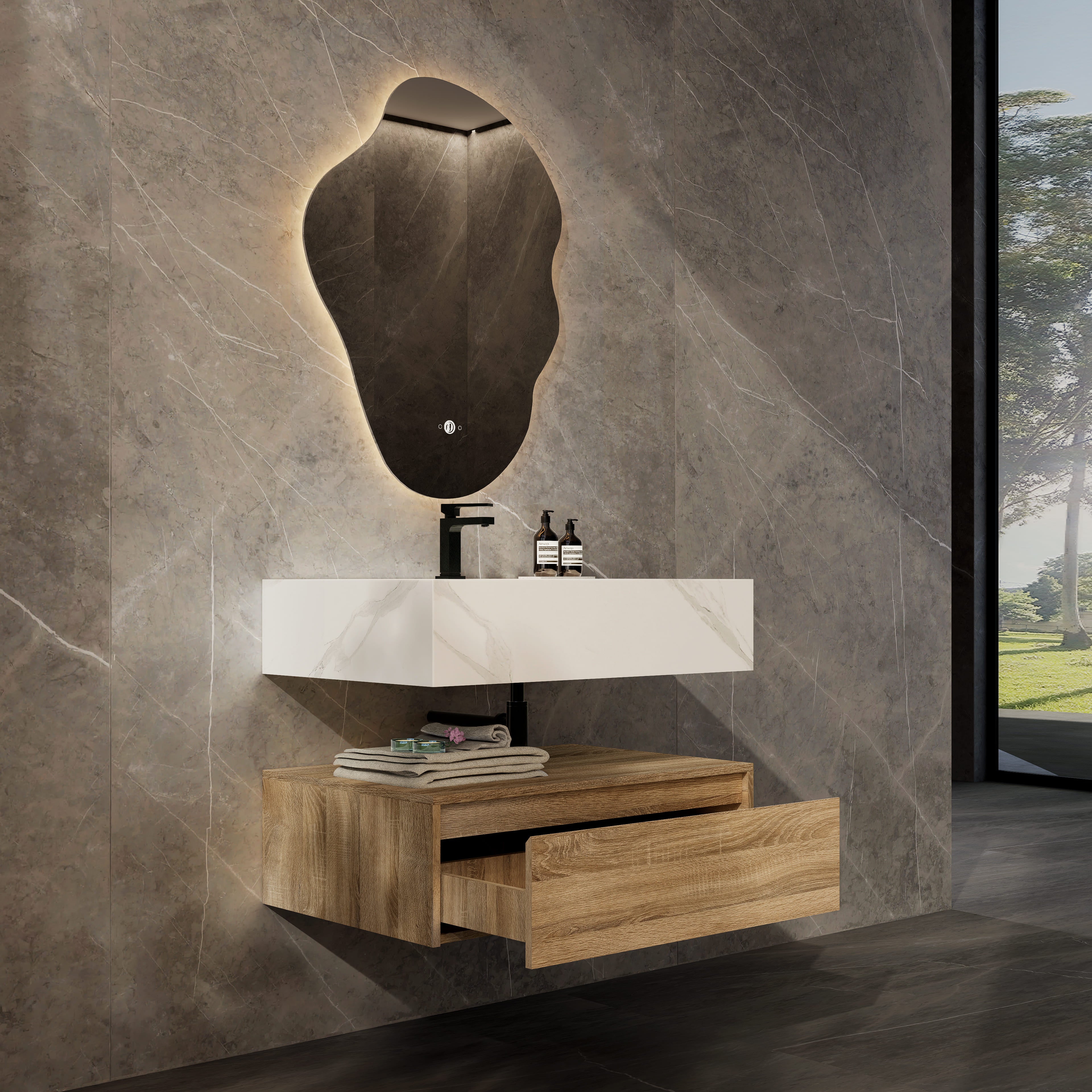 32"/ 36"/40"  Wall Mount Bathroom Vanity - Stone Integrated Basin & Plywood Cabinet