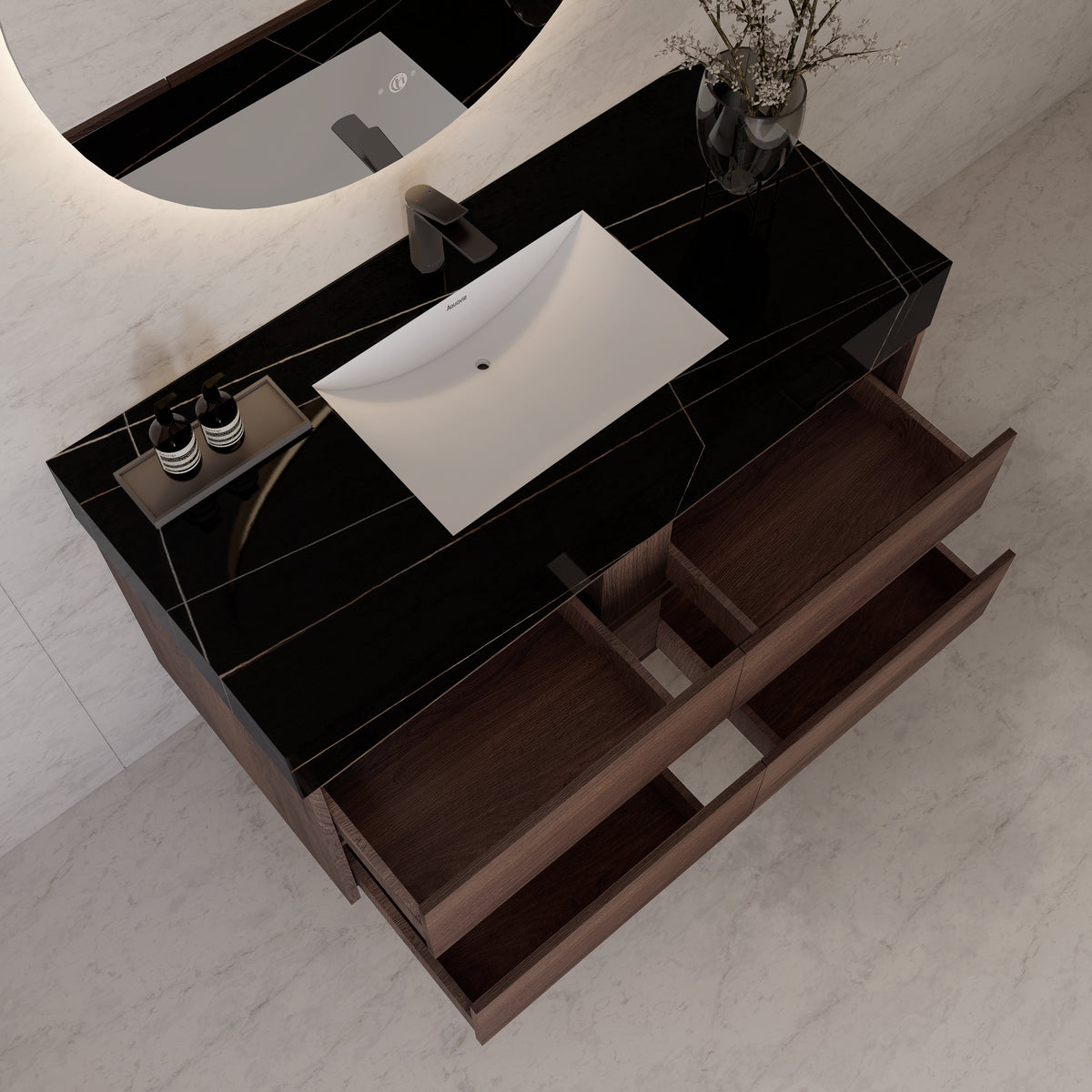 48"，60" Walnut Sintered Stone Top With Four Drawer Floating Bathroom Vanity
