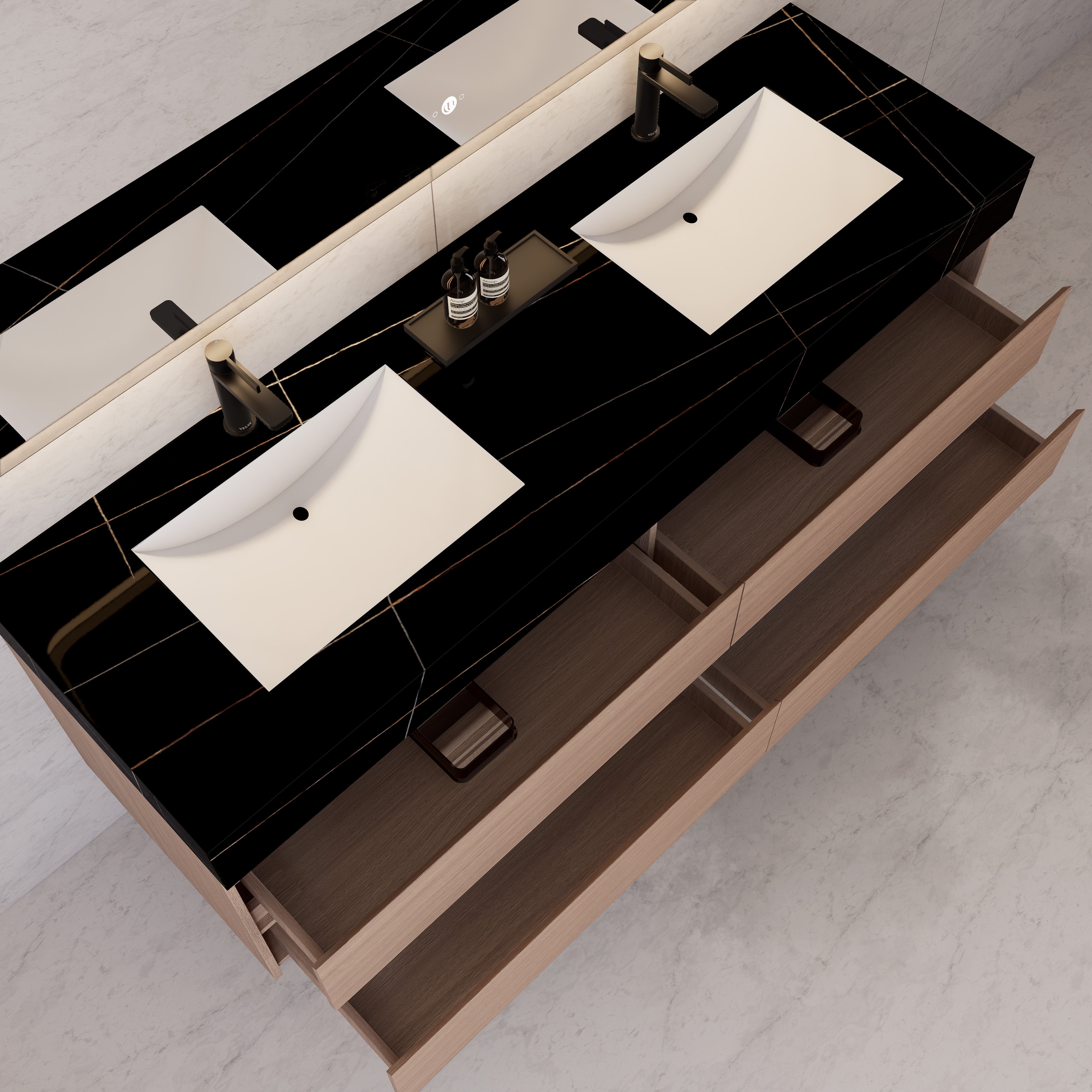 71"，60" Smoked Oak Double Sink Sintered Stone Top with Floating Bathroom Vanity