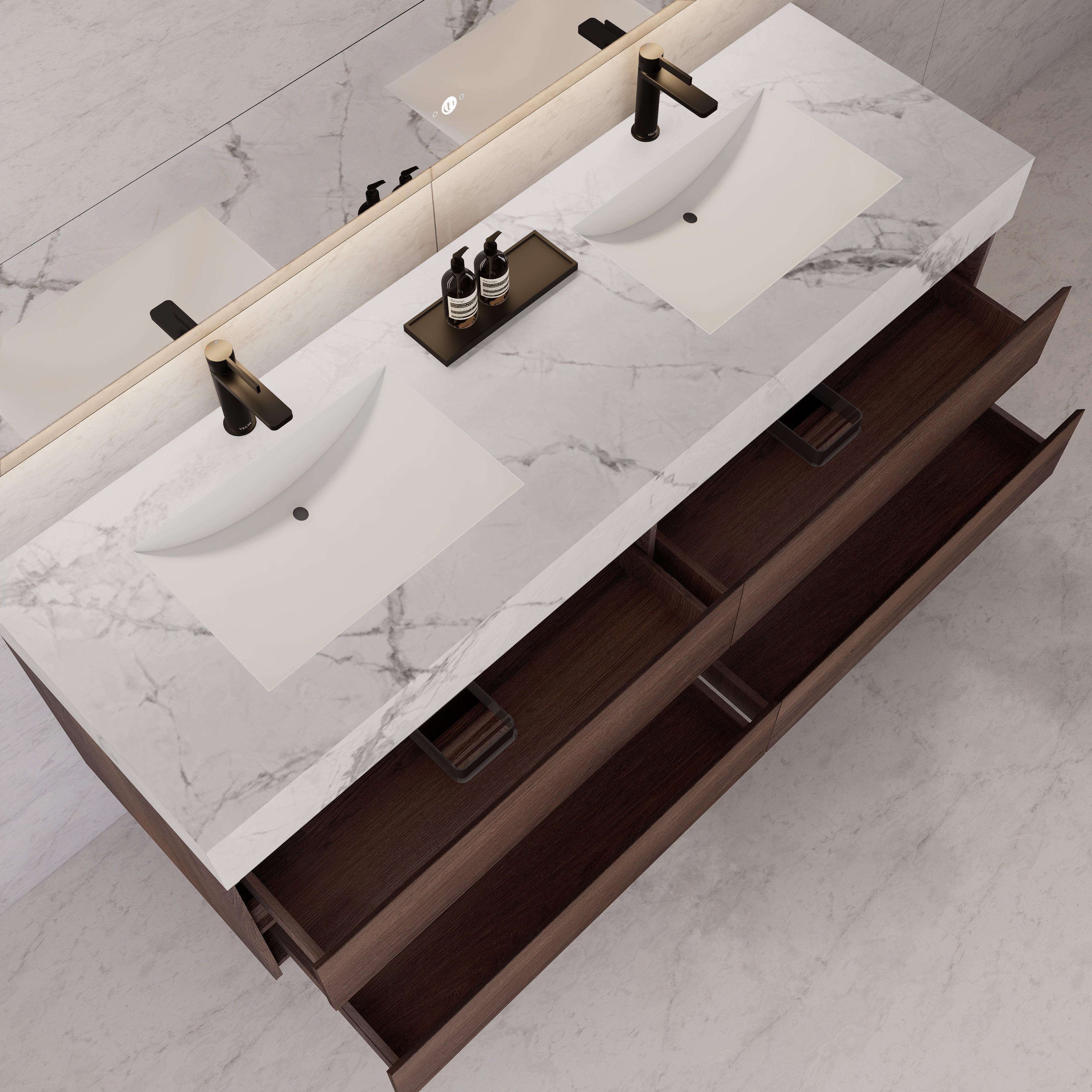 71"，60" Walnut Double Sink Sintered Stone Top with Elegant Floating Bathroom Vanity