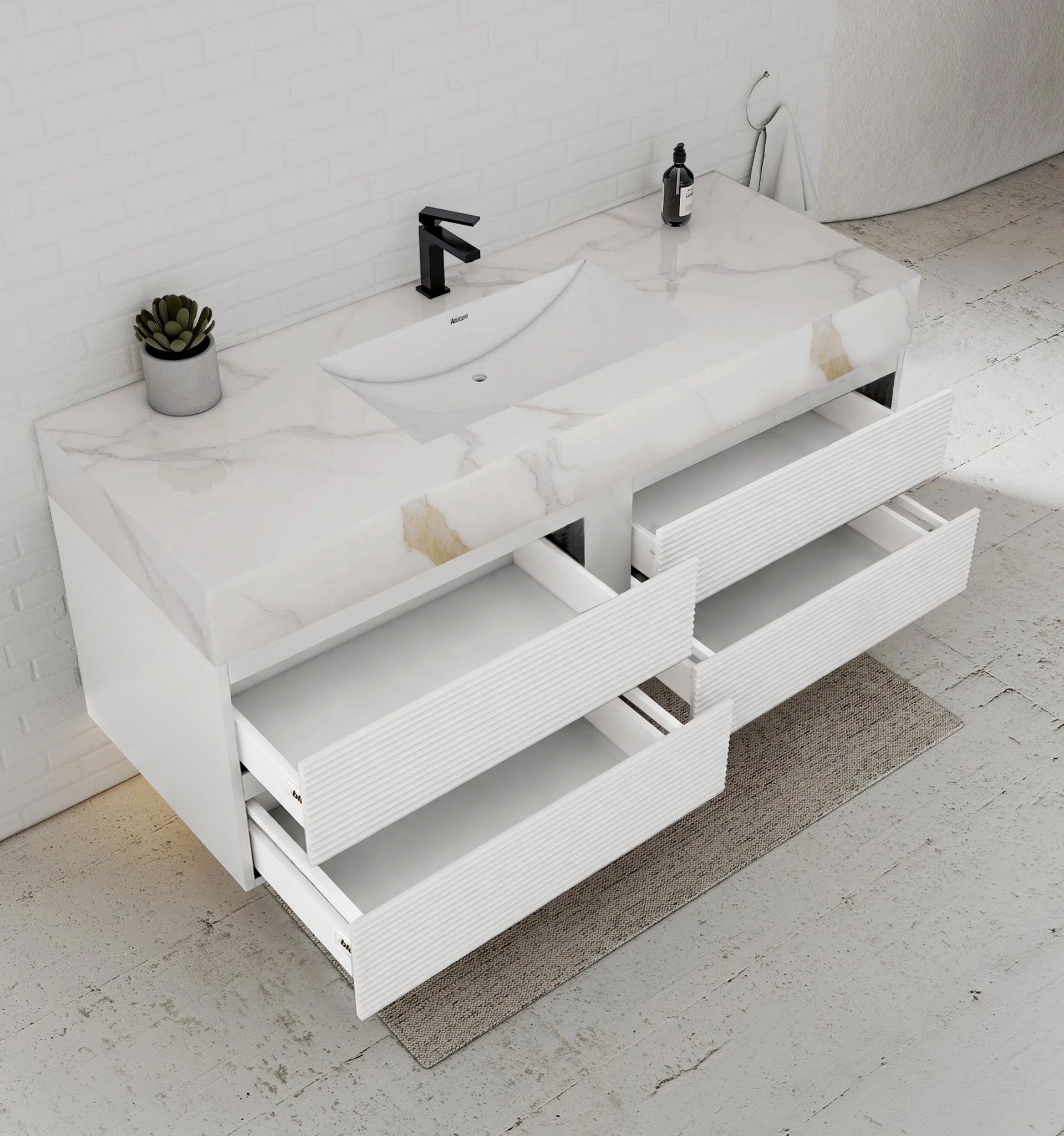 60” White Modern Floating Bathroom Vanity 4 Drawers– Single Basin