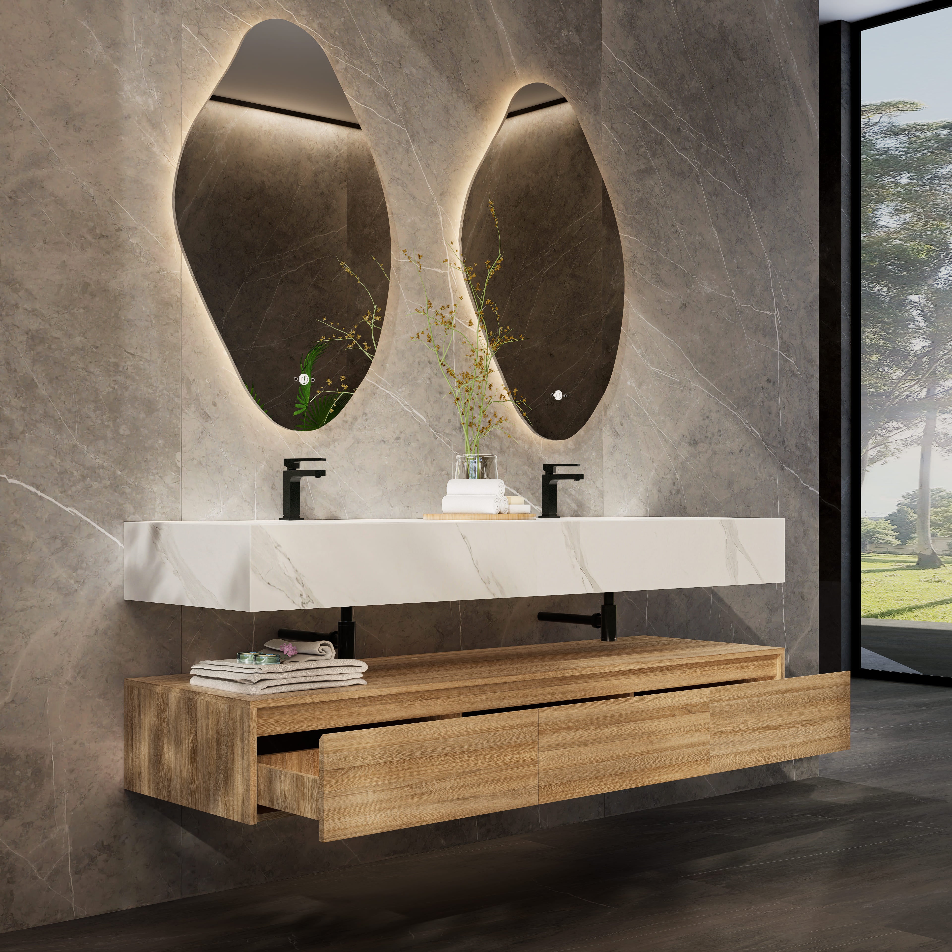 71" Wall Mount Bathroom Vanity - Stone Integrated Basin & Plywood Cabinet