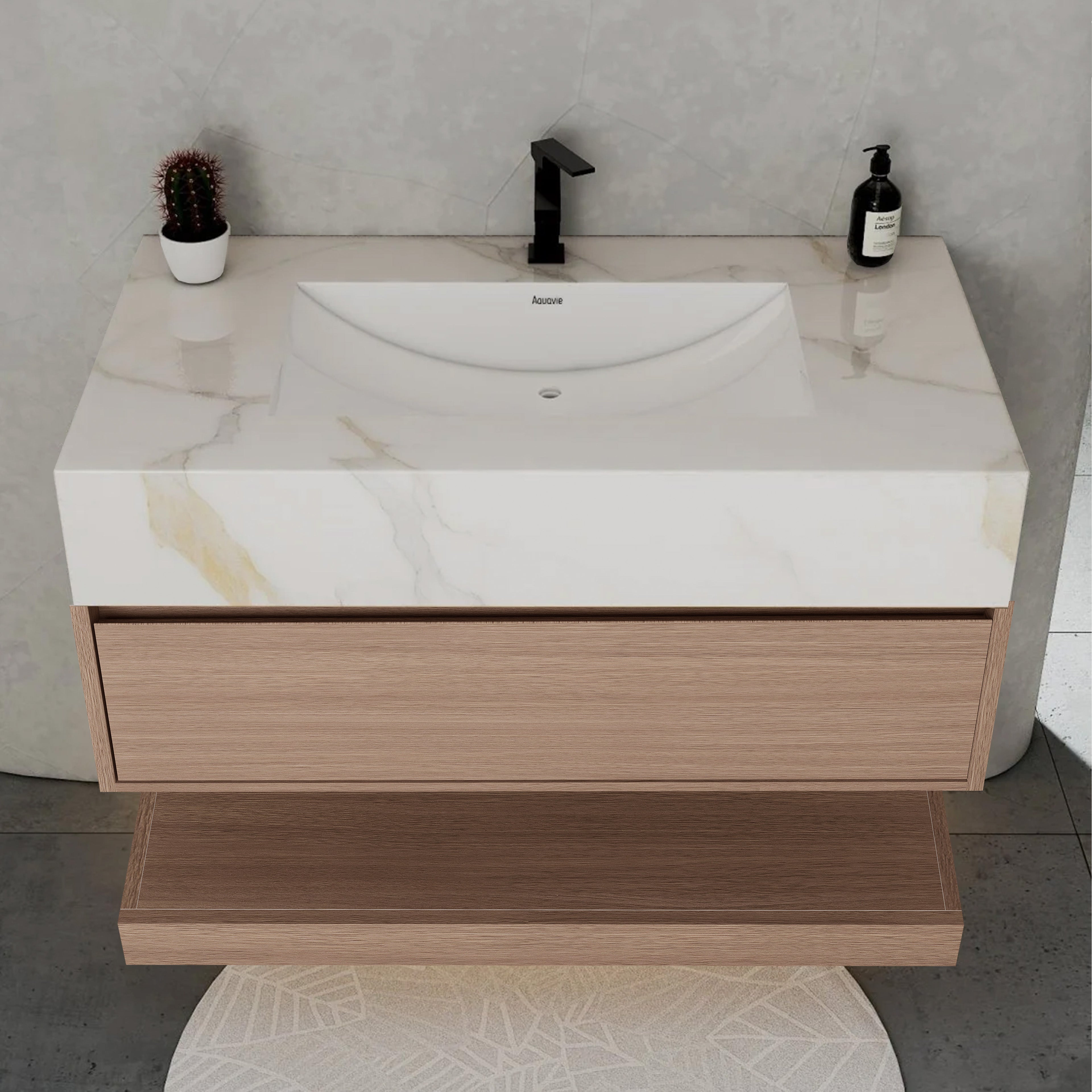 32", 36", 40" Smoked Oak Hotel-Style Floating Bathroom Vanity With Sintered Stone Top