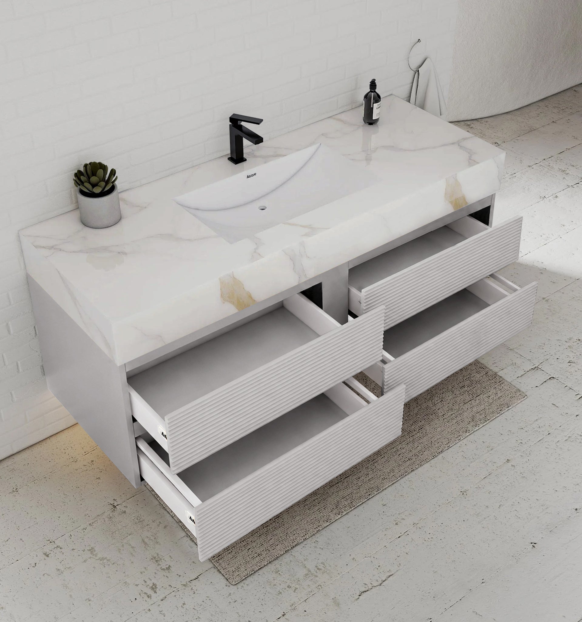 60” Light Grey Modern Floating Bathroom Vanity 4 Drawers– Single Basin