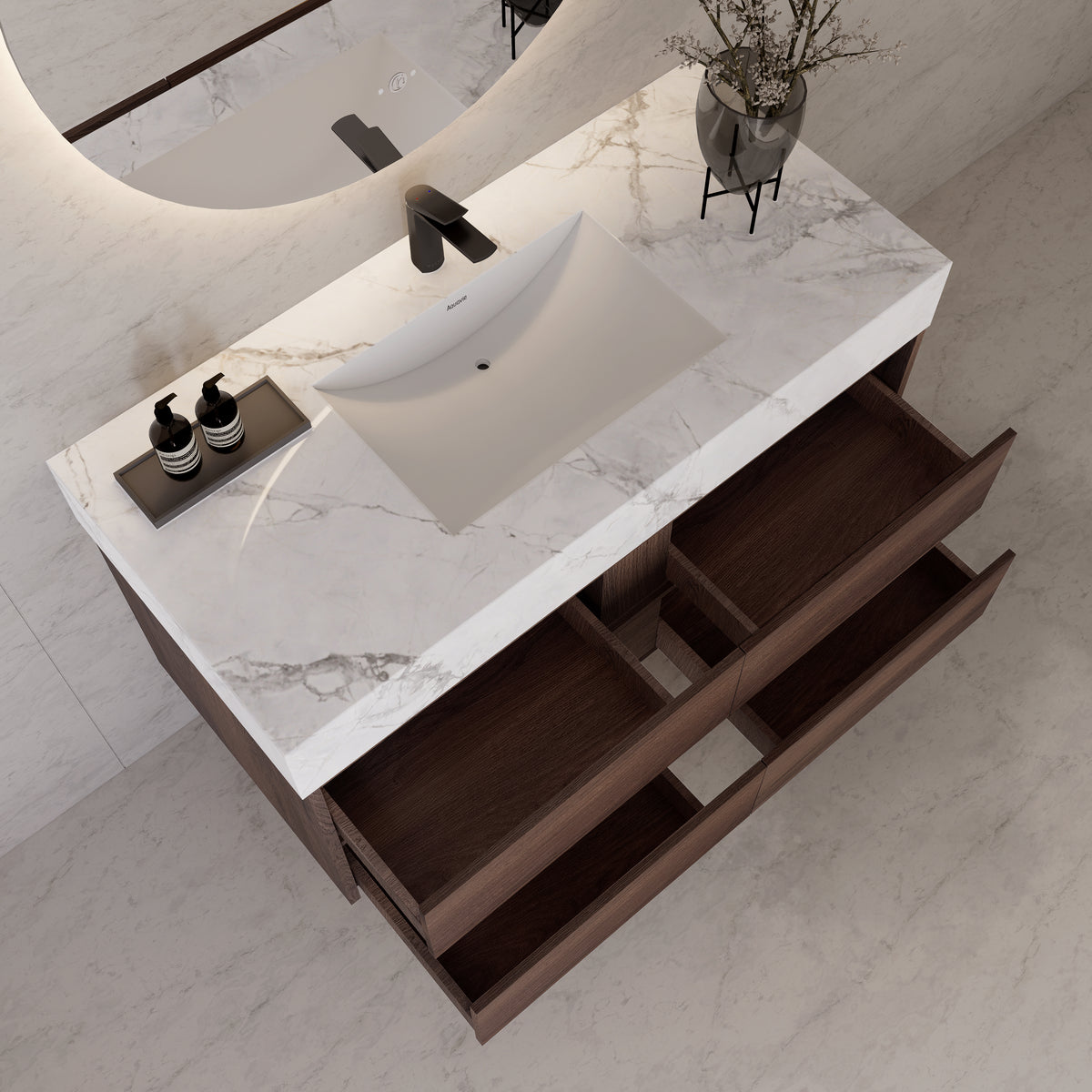 48"，60" Walnut Sintered Stone Top With Four Drawer Floating Bathroom Vanity