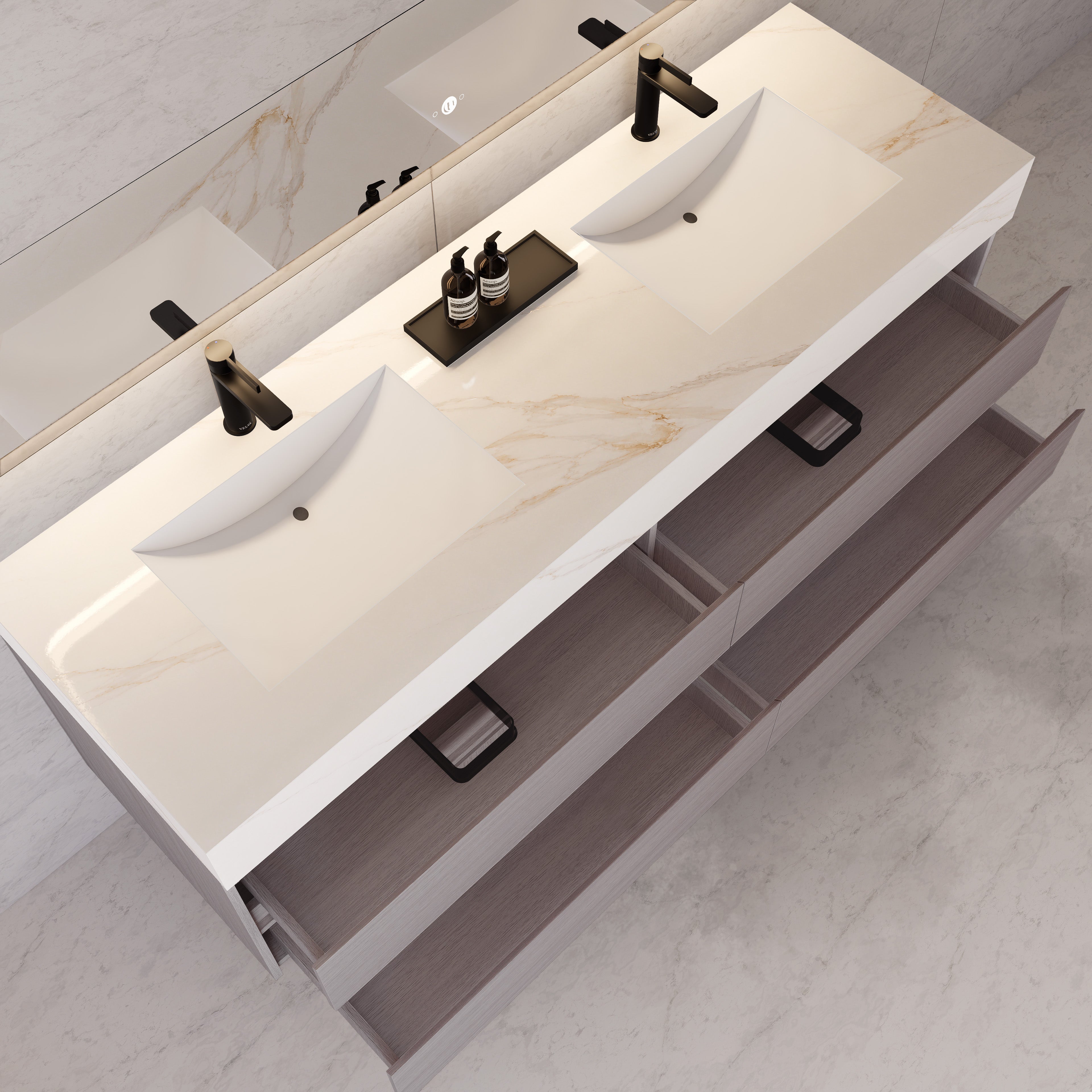 71"，60" White Grey Oak Double Sink Sintered Stone Top with Floating Bathroom Vanity