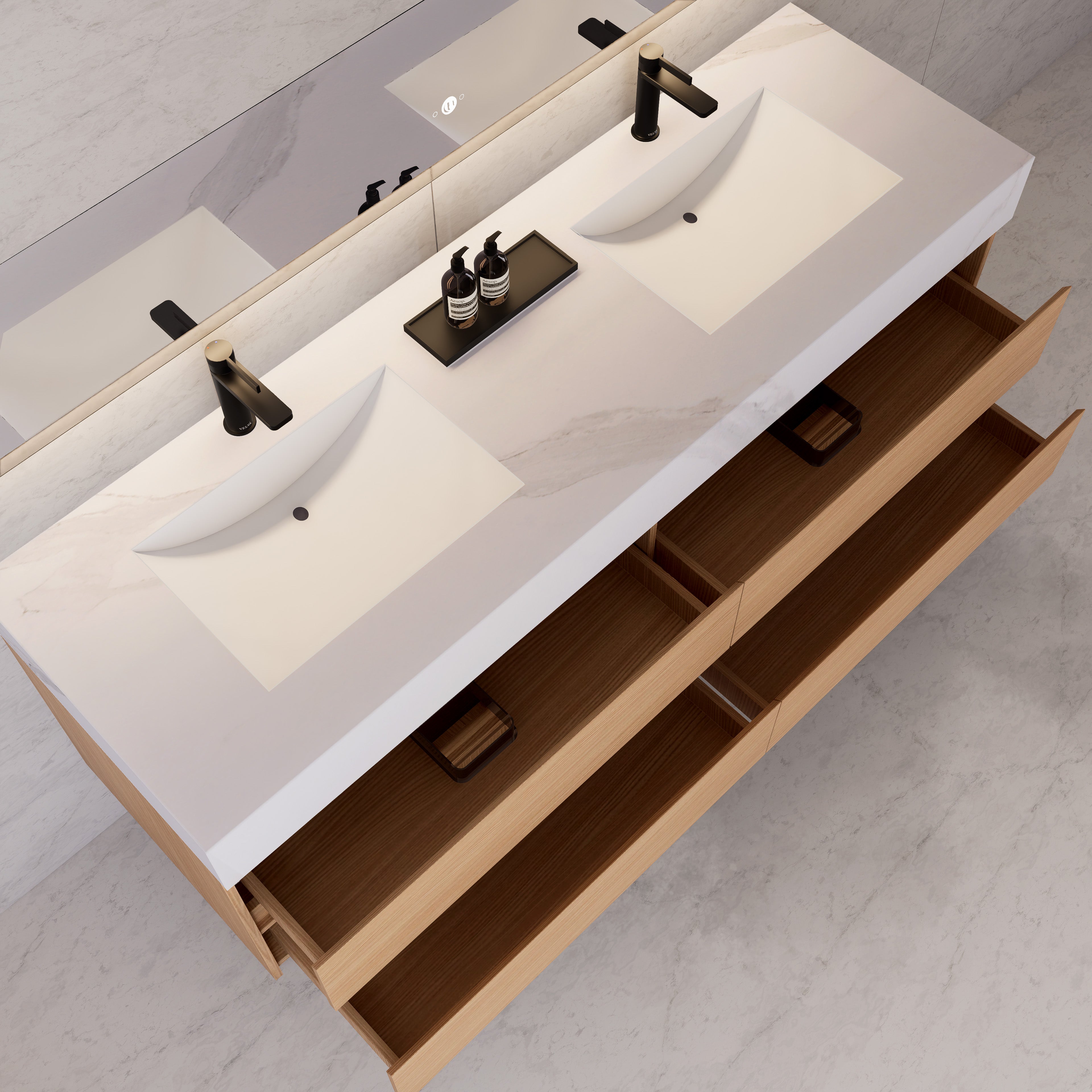 71"，60" Nature Oak Double Sink Sintered Stone Top with Floating Bathroom Vanity