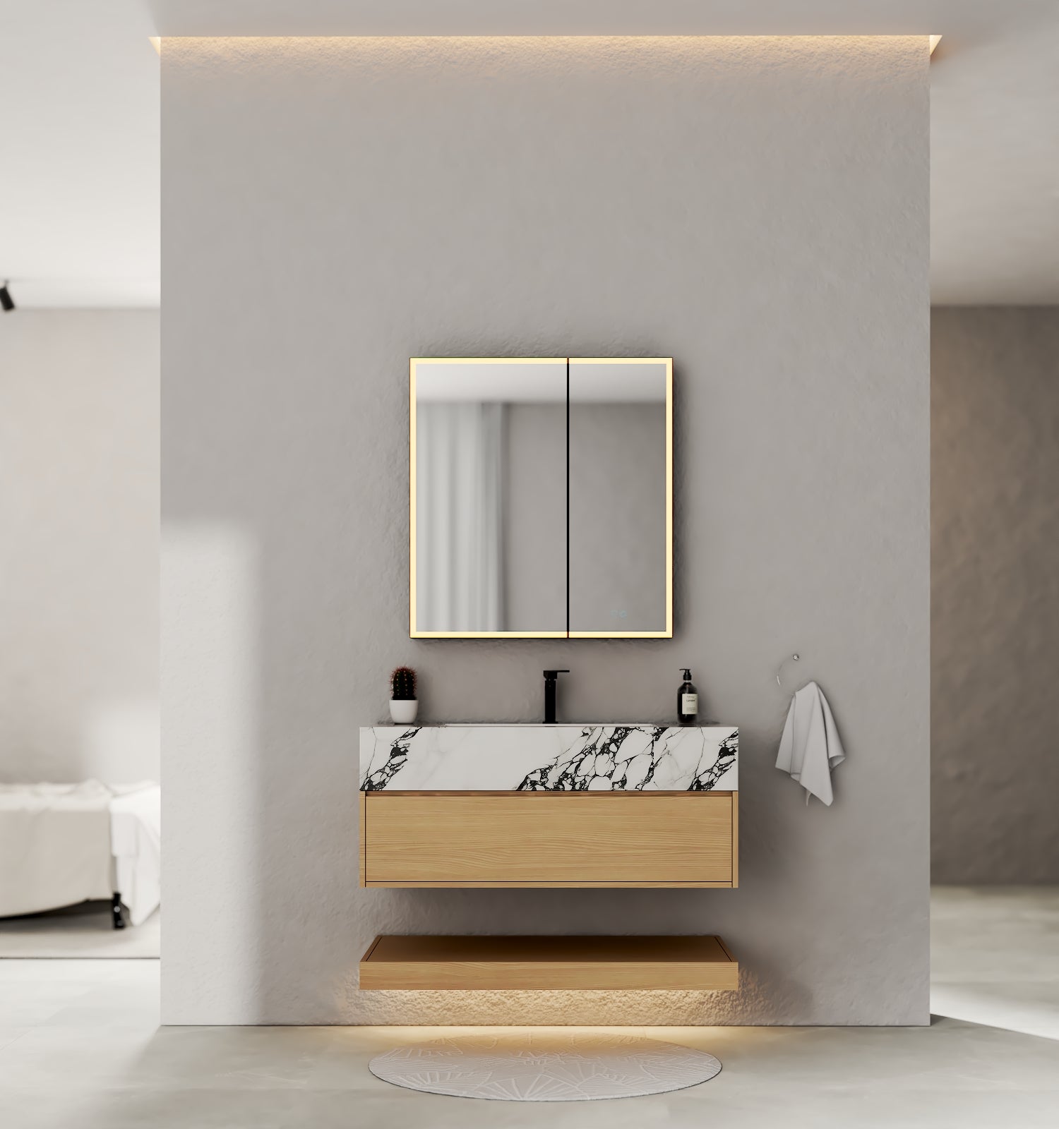 32", 36", 40" Nature Oak Hotel-Style Floating Bathroom Vanity With Sintered Stone Top