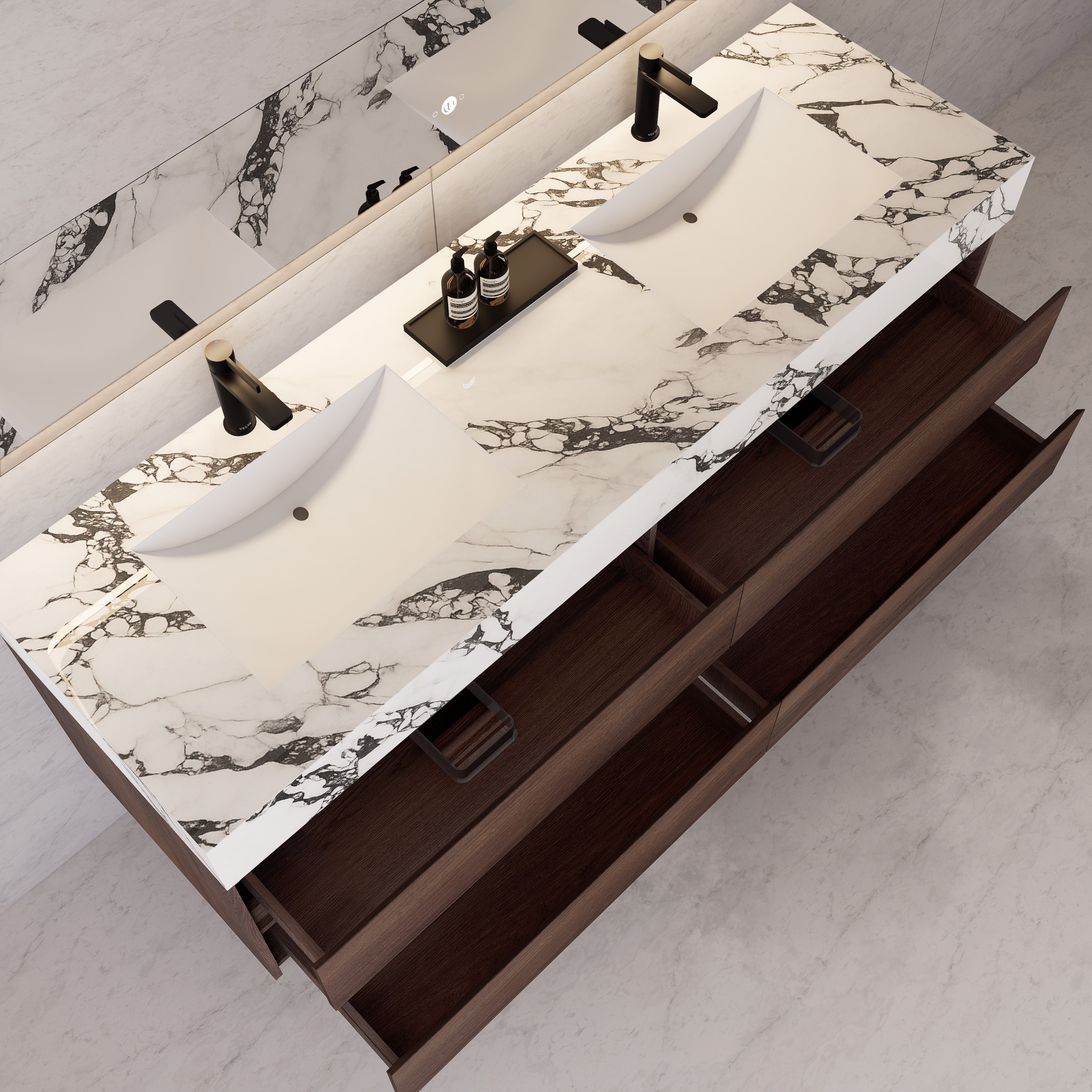 71"，60" Walnut Double Sink Sintered Stone Top with Elegant Floating Bathroom Vanity