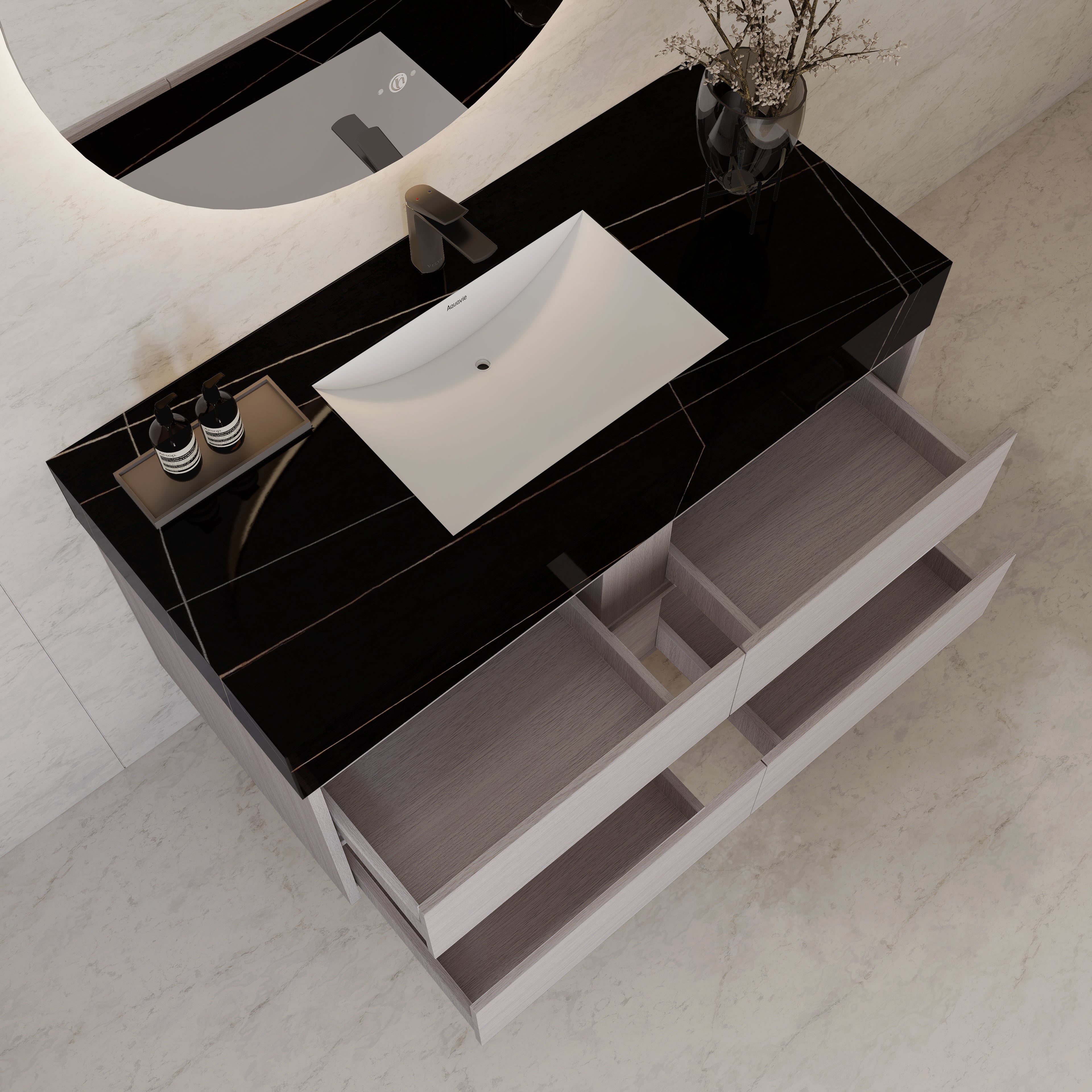 48"，60" White Grey Sintered Stone Top With Four Drawer Floating Bathroom Vanity