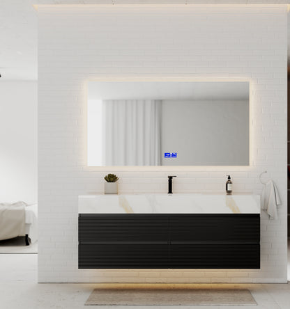 Black 60" Wall-Mounted Single Sink Bathroom Vanity with Fluted Drawers
